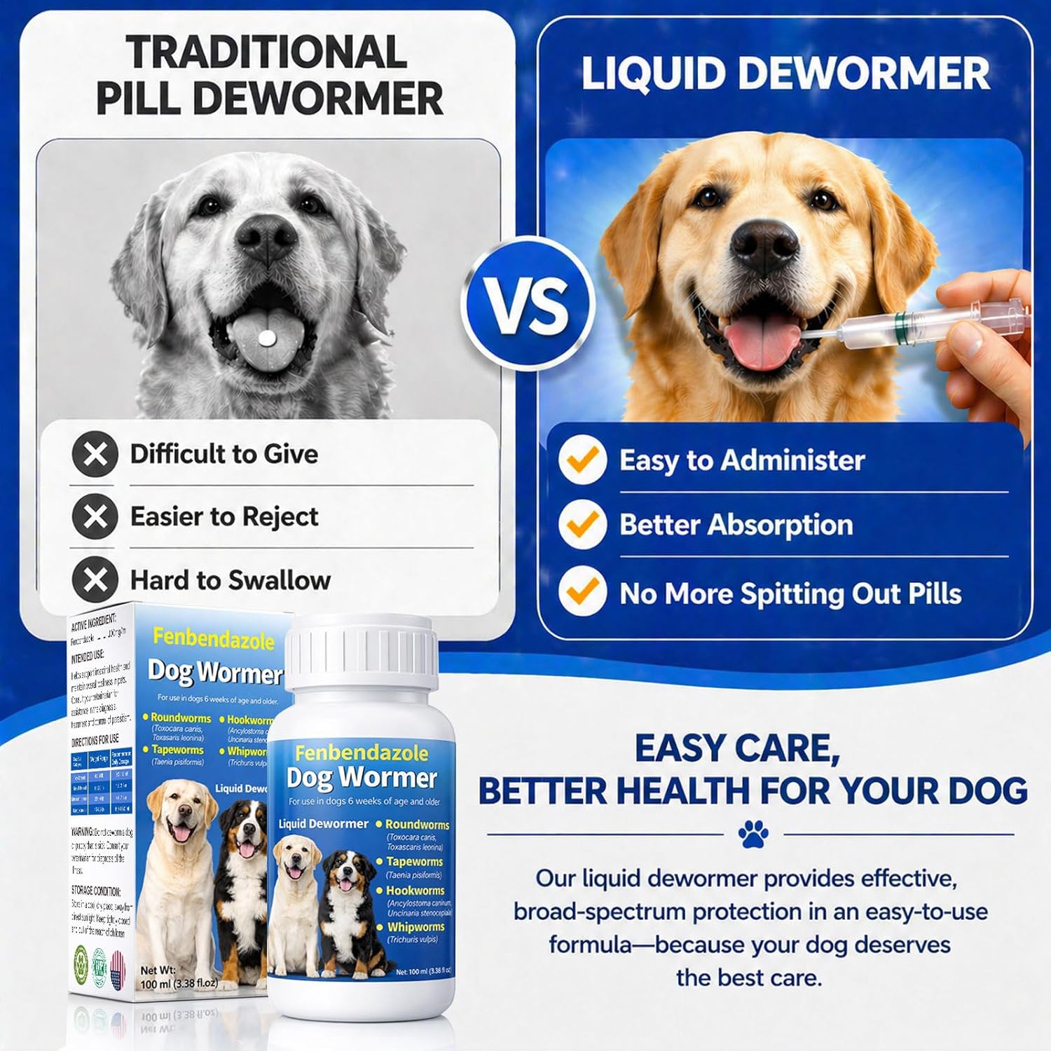 Dewormer for Dog - Fenbendazole Liquid Broad Spectrum for Tapeworms, Roundworms, Hookworms, Whipworms, 100 mL