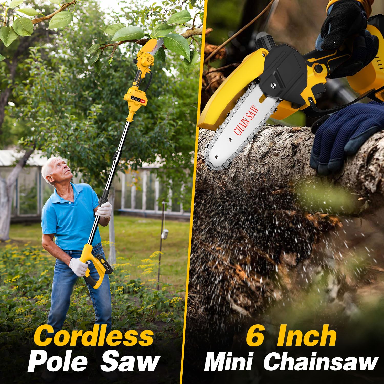 2-in-1 hochentaster akku&6” Mini Mettensäge teleskop kettensäge akku astschere mit teleskopstiel 4.0Ah-Akkus, inklusive Ölkanister, für Garten, Hof und landwirtschaftliche Astschnittarbeiten