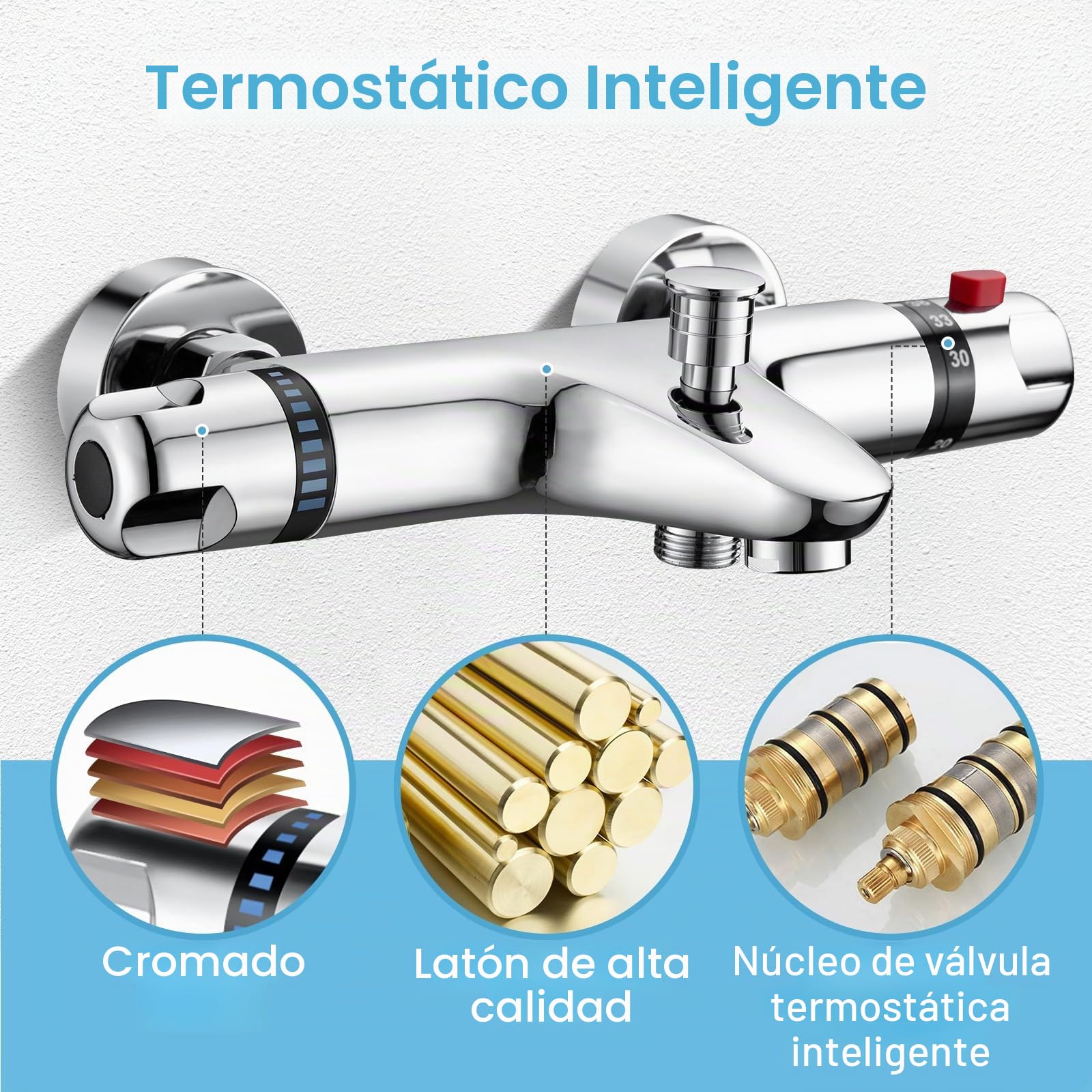 Grifo mezclador termostático de ducha para baño, montaje en pared, 150 mm, grifo mezclador termostático para ducha, grifos de baño con boquilla de llenado de bañera, latón, seguridad a 38 °C