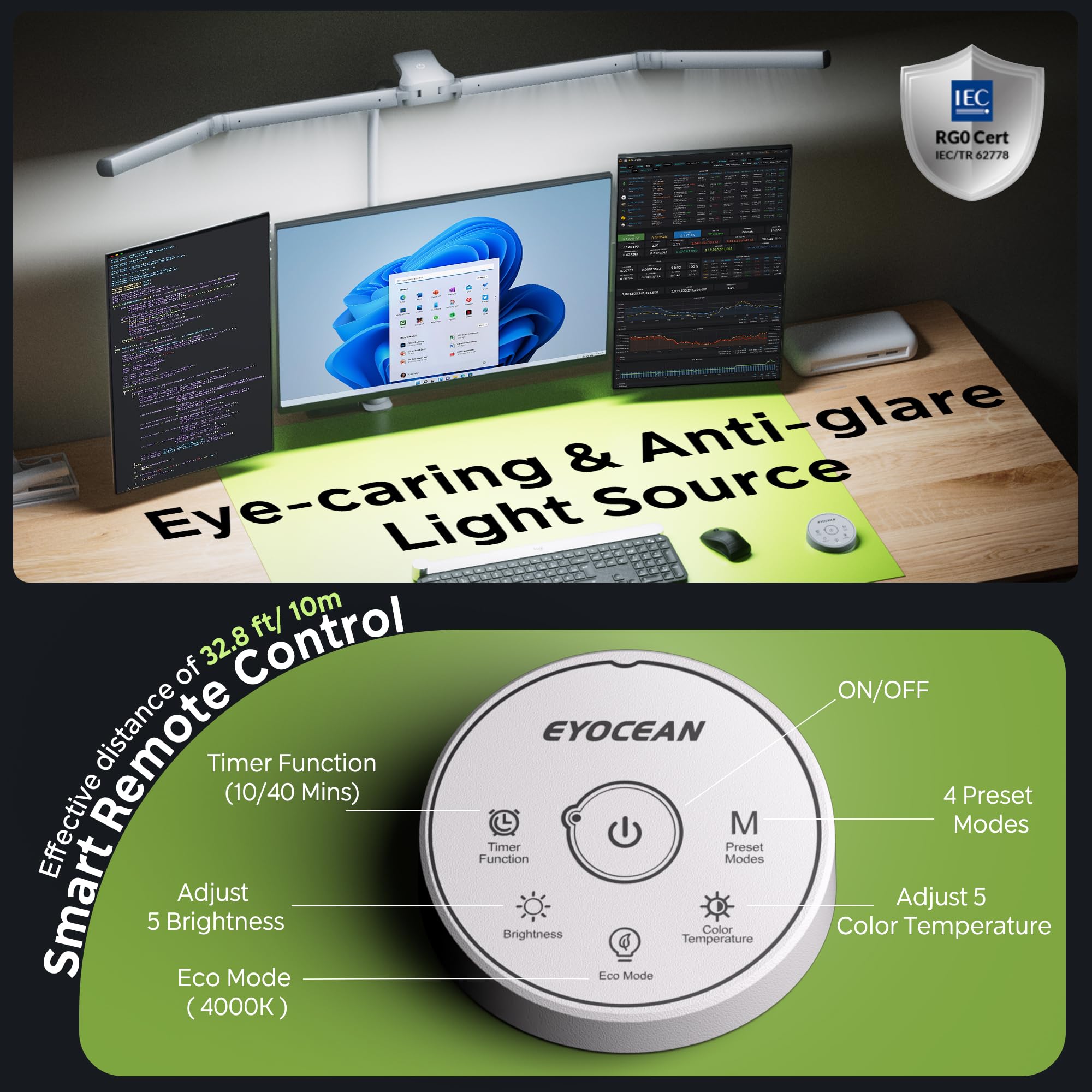 EYOCEAN Lampada da scrivania, lampada da scrivania con 4 sorgenti luminose, 24 W, 100 cm, luce diurna da scrivania con telecomando, lampada da monitor dimmerabile, a collo di cigno, lampada da tavolo