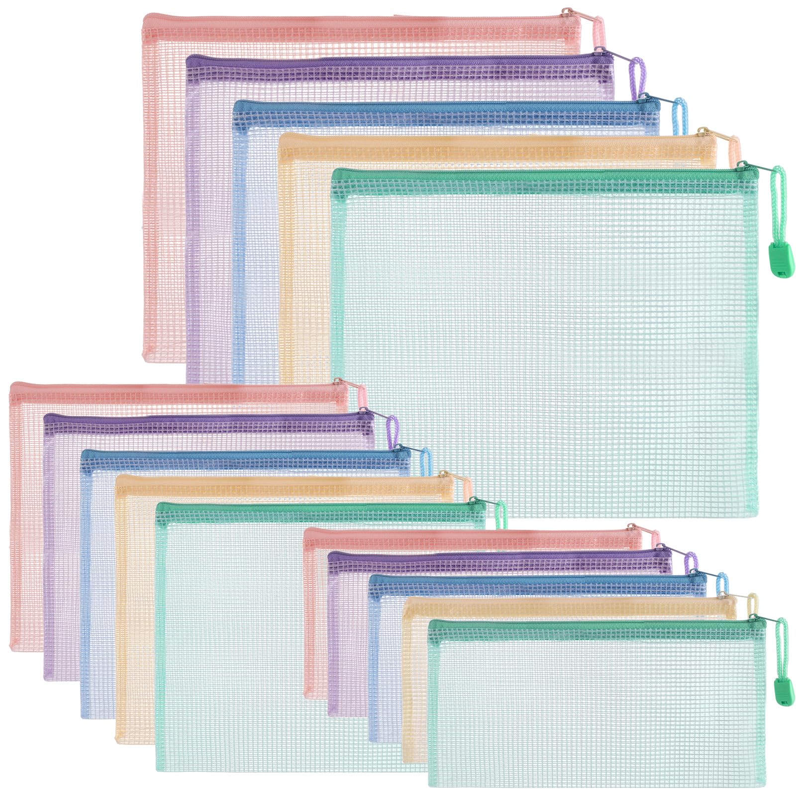 ASelected 15 Pieces Document Bag A4+A5+A6 Mesh Document Bags Zip Bag for File Paper Travel Make-Up Bag (5 Colours)