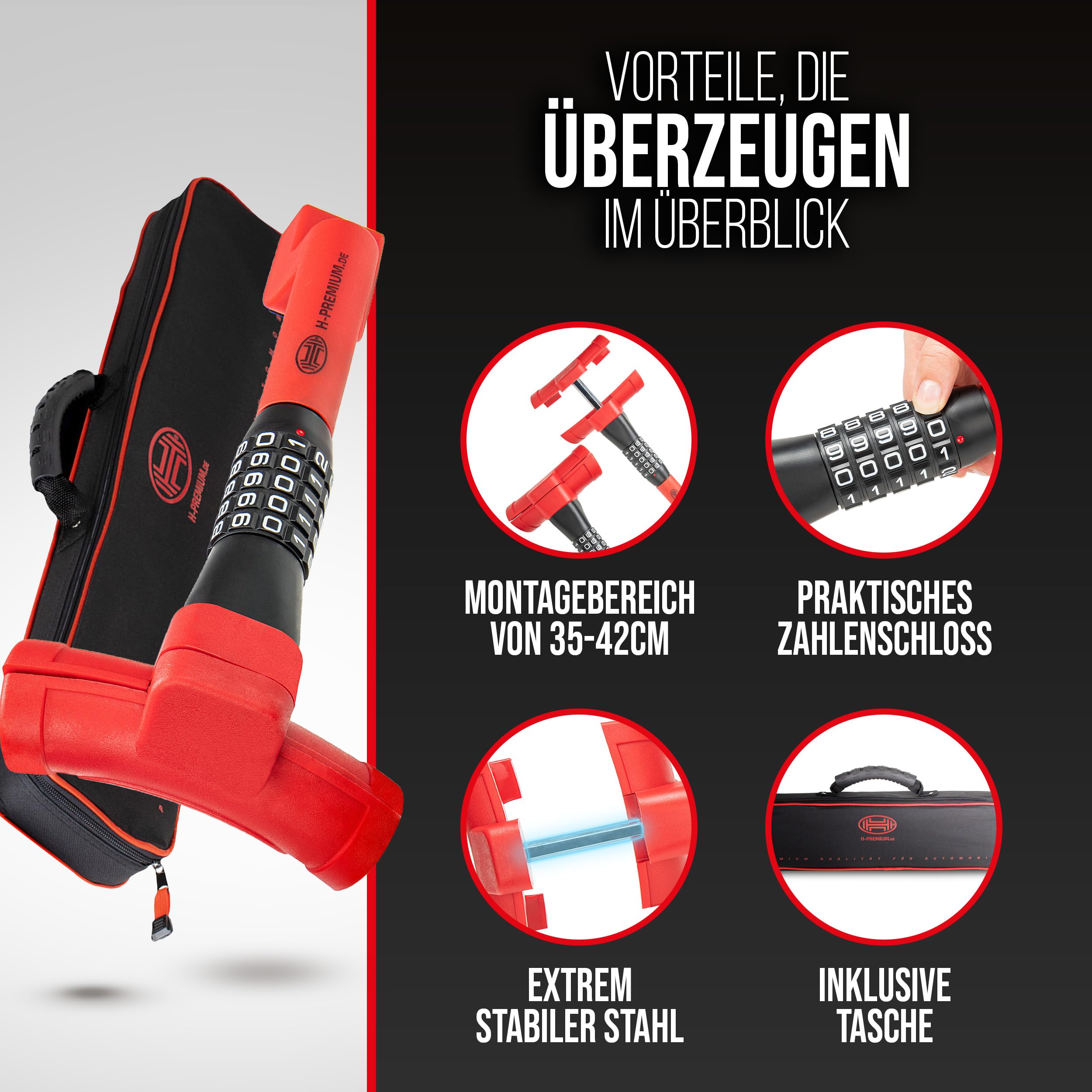 HEYNER Lenkradsperre Auto Diebstahlschutz 5‑stelliges Zahlenschloss verstellbar 35–42 cm rot‑schwarz