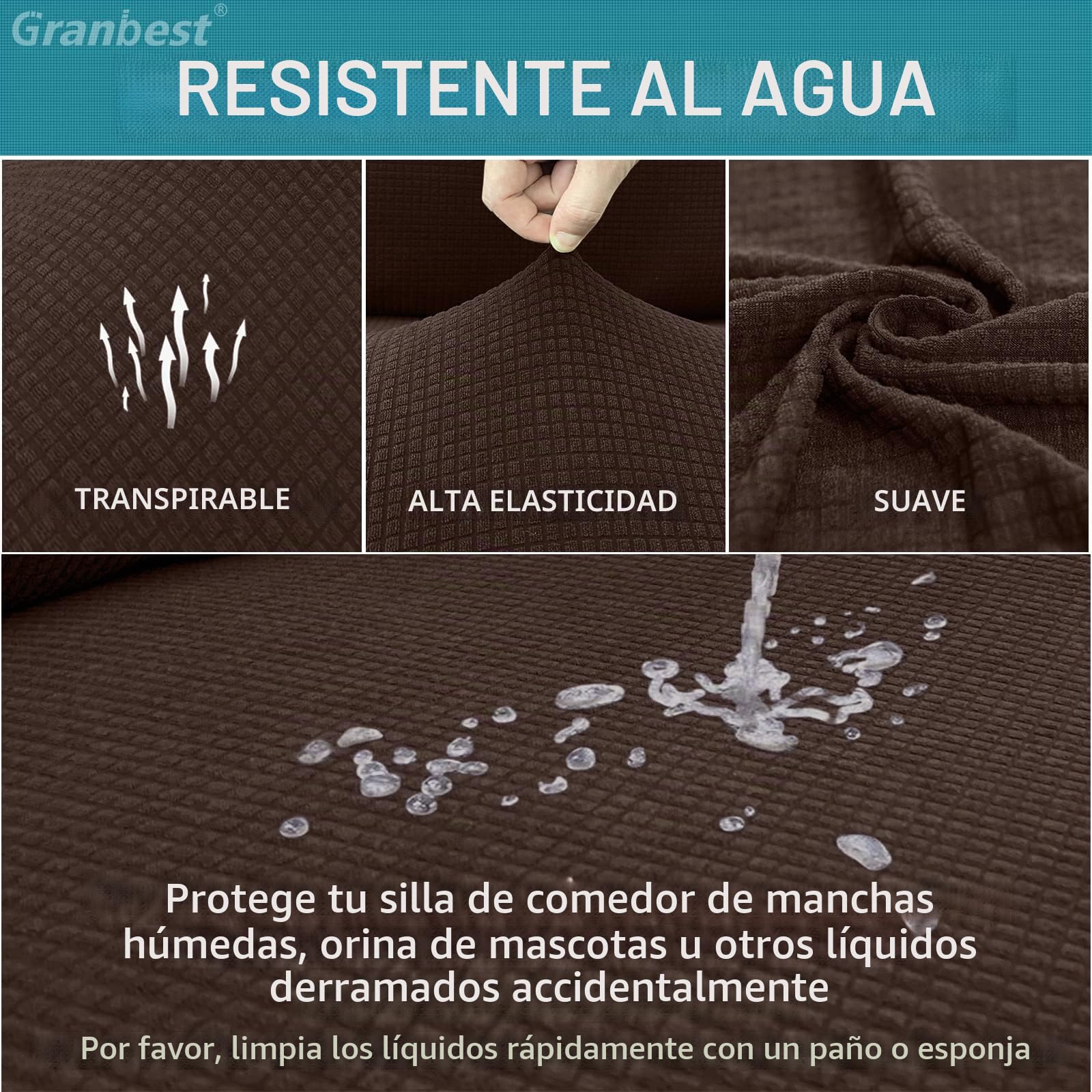 Granbest Juego de 6 Fundas para sillas de Comedor Impermeables de, elásticas, para Comedor, protección de Silla extraíble para Cocina, Fiesta, Hotel (Juego de 6 Unidades), Chocolate