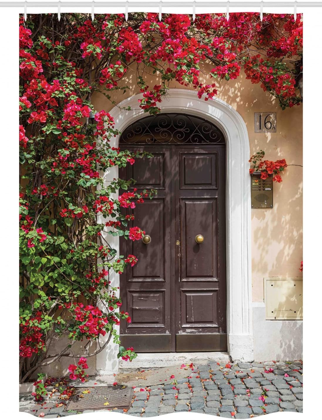 Ambesonne Moroccan Stall Shower Curtain, Old Wooden Door Surrounded by Flowers European Medieval Entrance Italy, Fabric Bathroom Decor Set with Hooks, 54" W x 78" L, Dark Coral Chocolate Cream