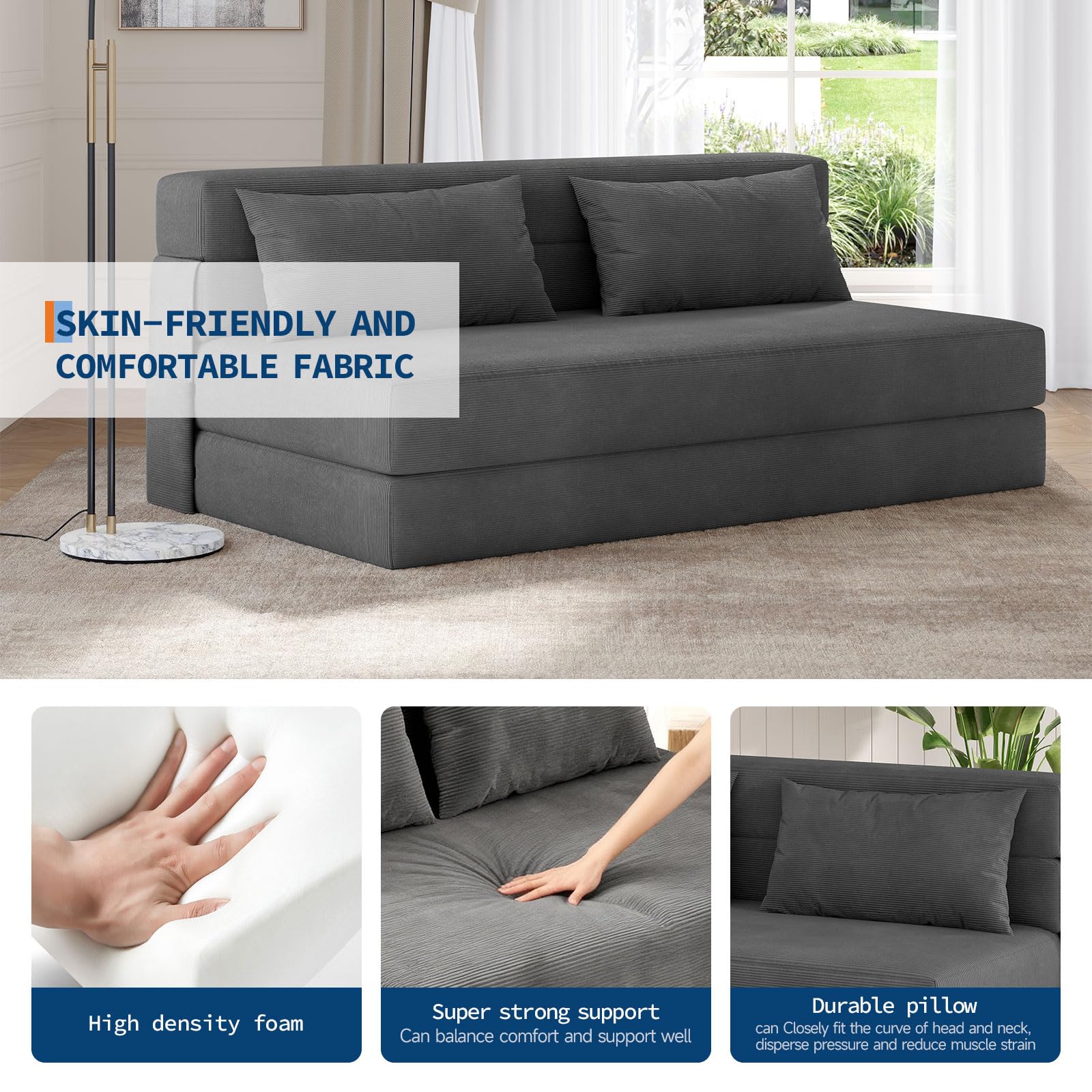 Canapé lit Convertible 2 Place en Velours Côtelé,2 in 1 Fauteuil lit Convertible avec 2 Oreillers,Housse Détachable Lavable,Canapé Paresseux/Chauffeuse 2 Place pour Chambre,Salon(200X150X15cm,Gris)
