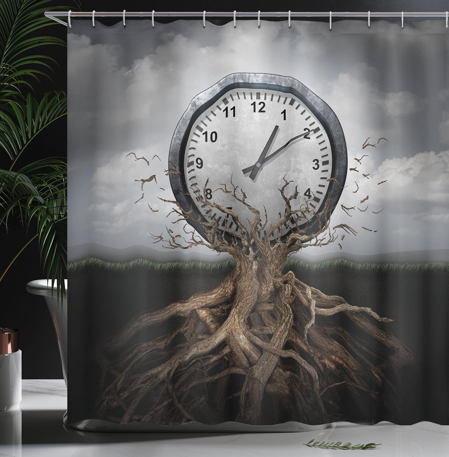 Ambesonne Clock Shower Curtain, Vintage Clock Breaking Free from Tree Trunk Surrealistic for Strategy Print, Cloth Fabric Bathroom Decor Set with Hooks, 69" W x 70" L, Grey Multicolor