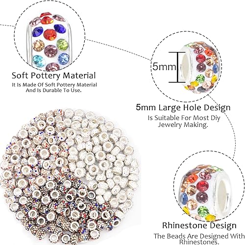 Vista 73 de 200 cuentas europeas de agujero grande – Mixcolor Lampwork Rhinestone Craft Beads para bricolaje pulseras joyería fabricación