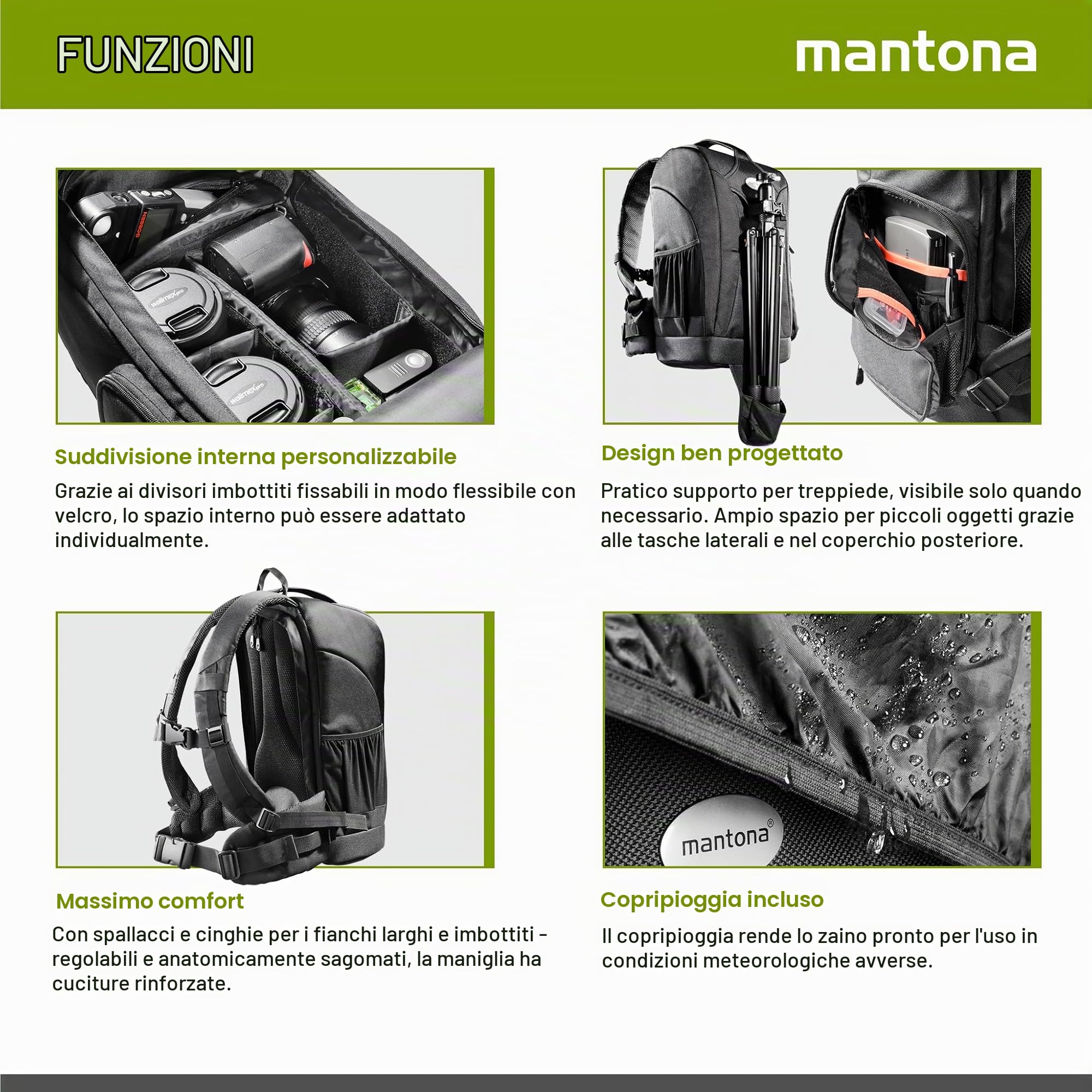 Mantona Trekking Fotorucksack – DSLR Kamerarucksack Kameratasche mit Regenschutz, 17947, Schwarz