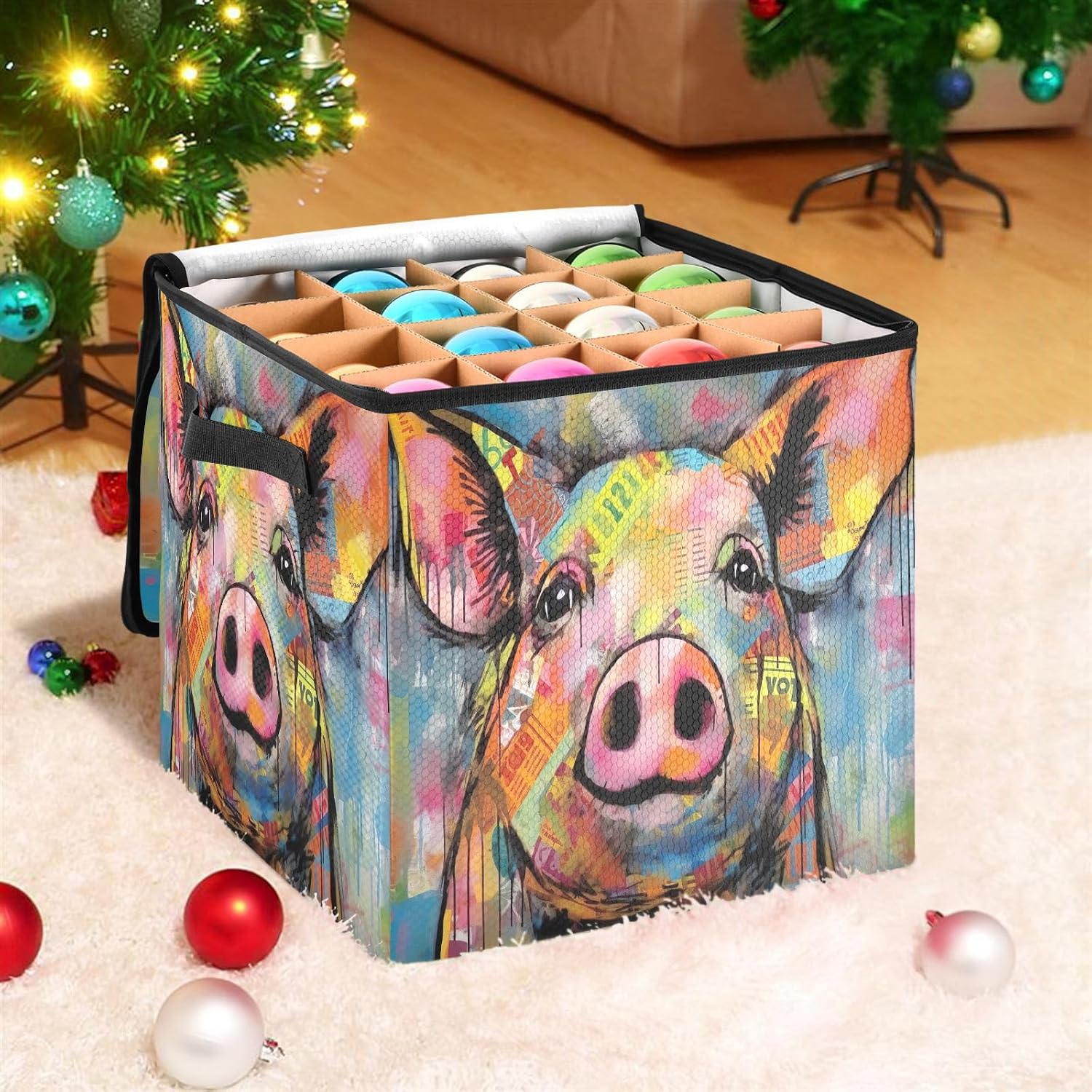 Colorful Pig Art 13 Inch Christmas Ornament Storage Box with Lid - Holiday Decor Storage Containers, Stores 64 Ornaments, 3 Inch Cube Compartments