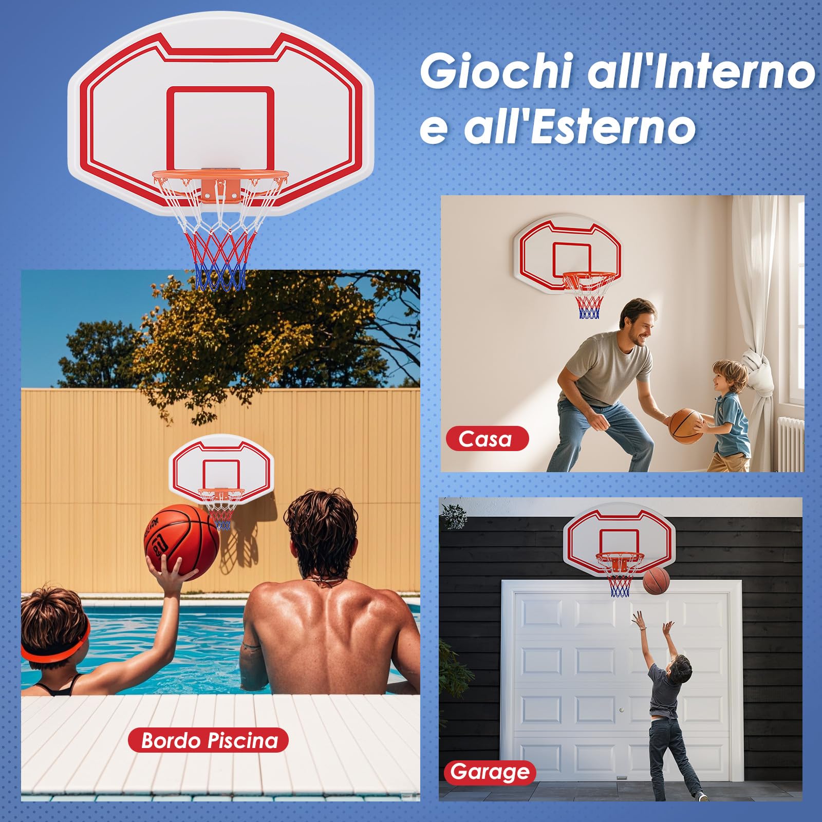 COSTWAY Tabellone Basket a Muro Interno ed Esterno, Canestro da Basket a Parete con Tabellone Anti-Rottura da 91 x 61 cm, Rete Resistente e Cerchio Standard da 45 cm