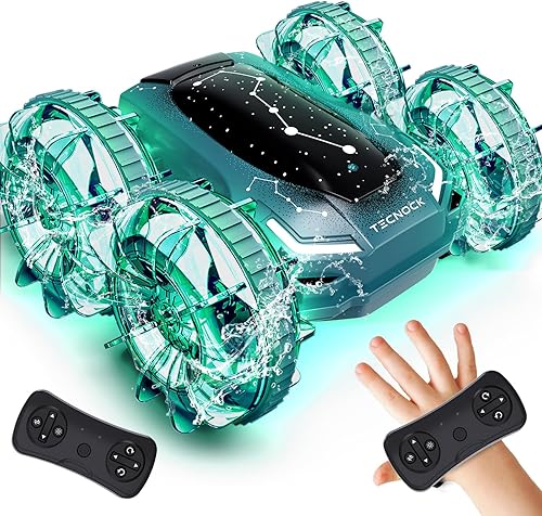 Tecnock Coche de control remoto anfibio, 4WD Gesture RC Cars con carga magnética, 60 minutos de tiempo de juego, luces LED, juguetes de piscina para