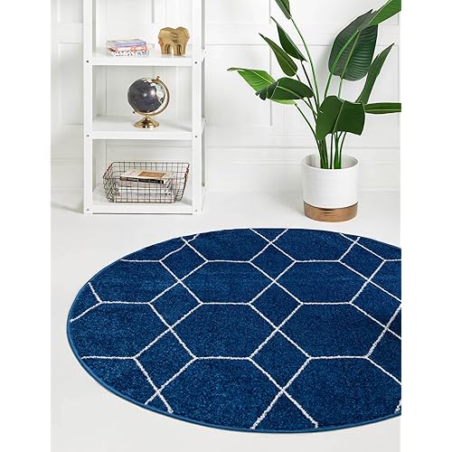Unique Loom Trellis Frieze Collection Area Rug - Geometric (3' Round, Navy Blue/ Ivory)