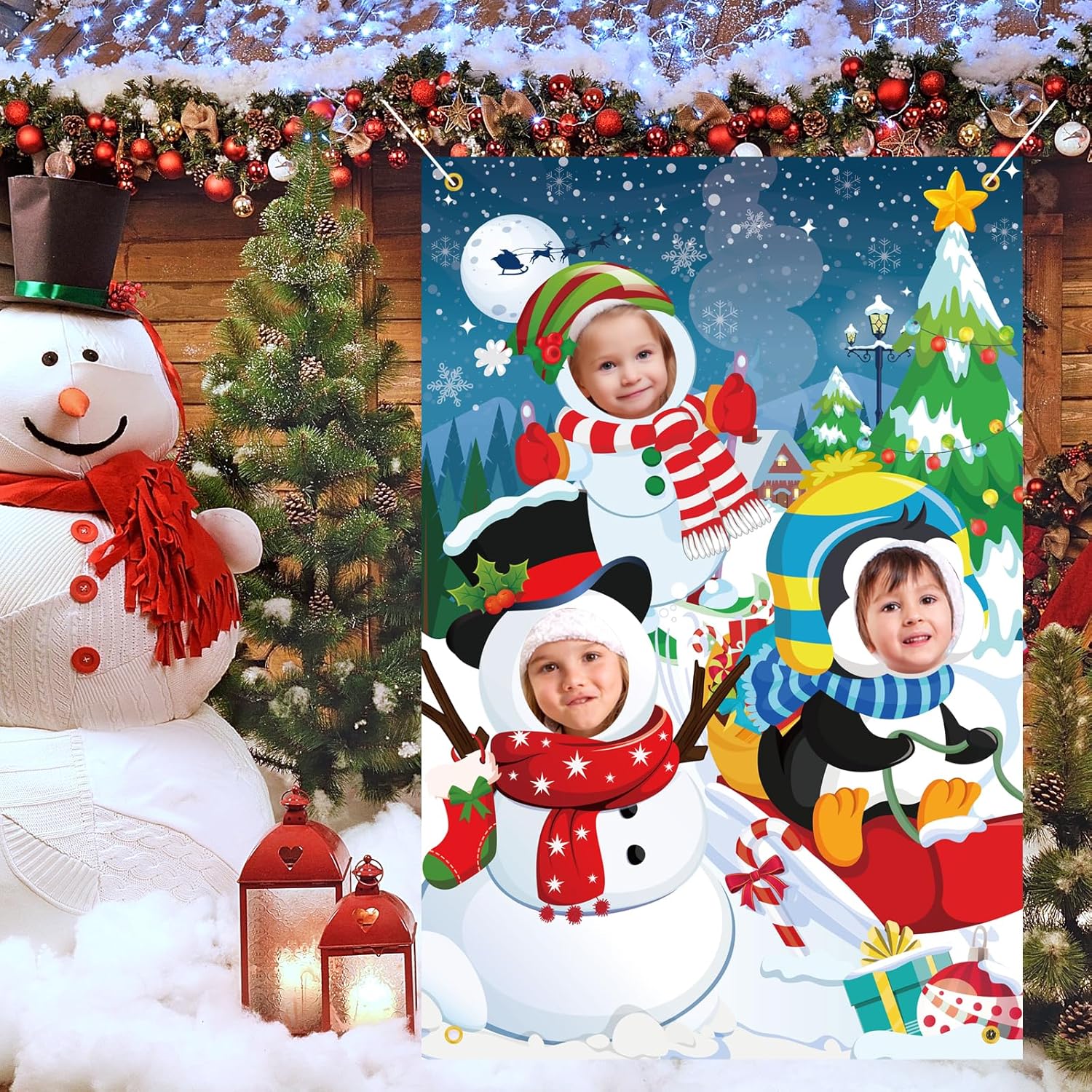 HOWAF Snowman Penguin Photography Backdrop Banner, Face in Hole Photo Door Cover, Winter Birthday Party Decorations