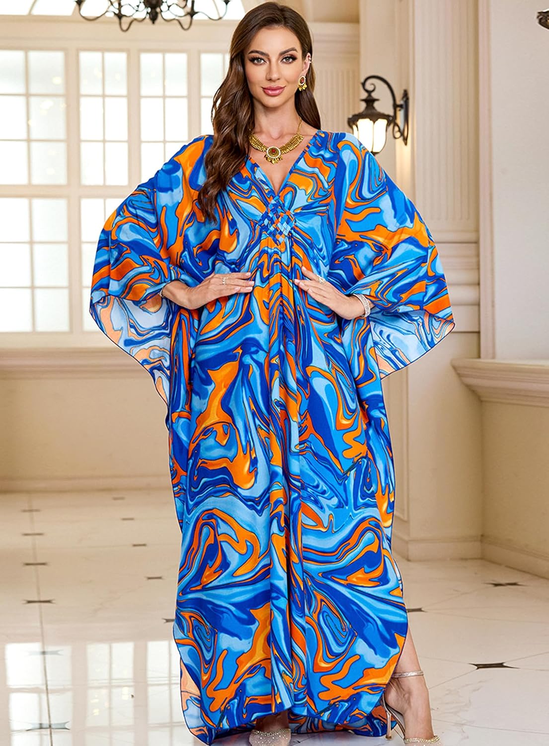 Women Kaftan Dresses Plus Size V-Neck Batwing Sleeves Beach Cover Up 2025 Summer Floral Print Caftan Dress - Image 4