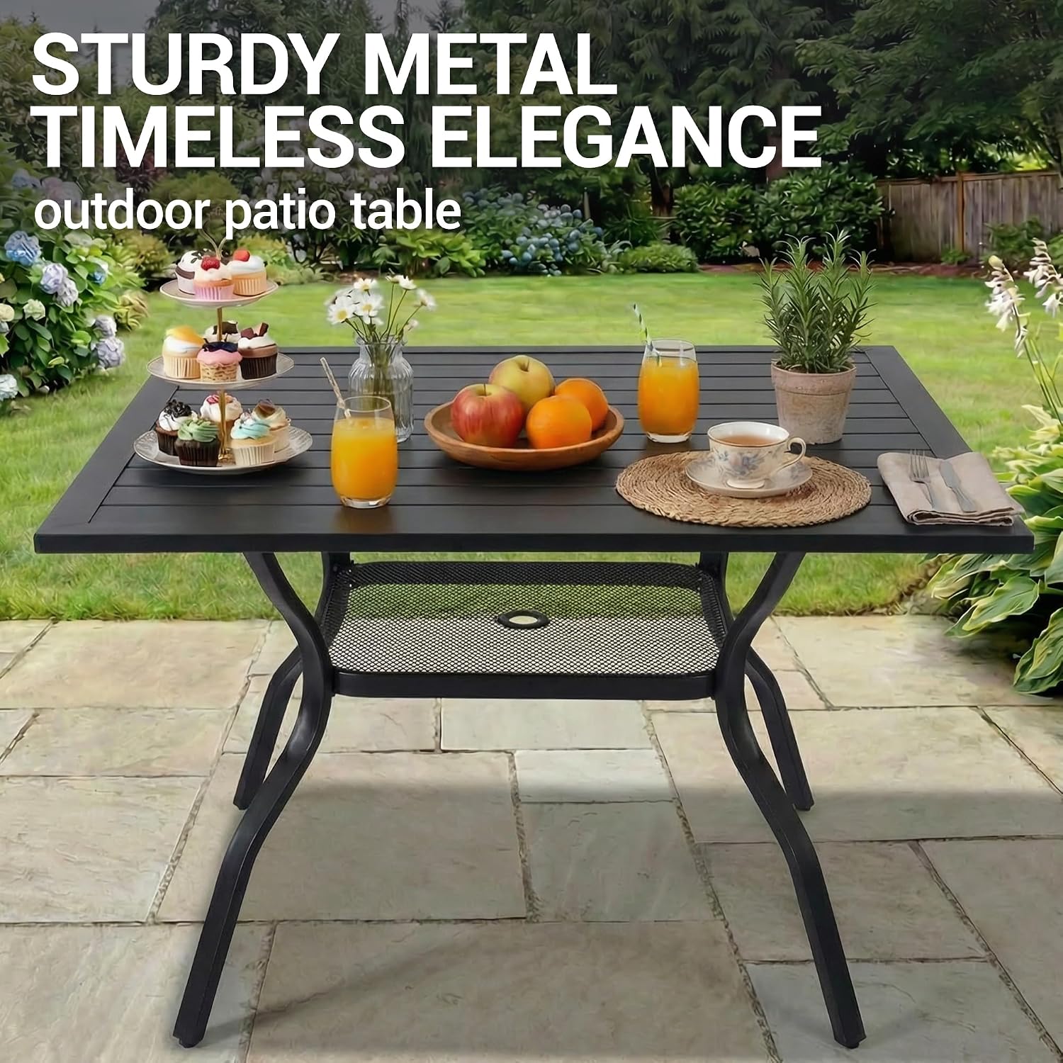 Outdoor Patio Dining Table for 4 People, 37" All-Weather Resistant Metal Square Table with Adjustable Umbrella Hole for Garden Backyard Porch Poolside, Black