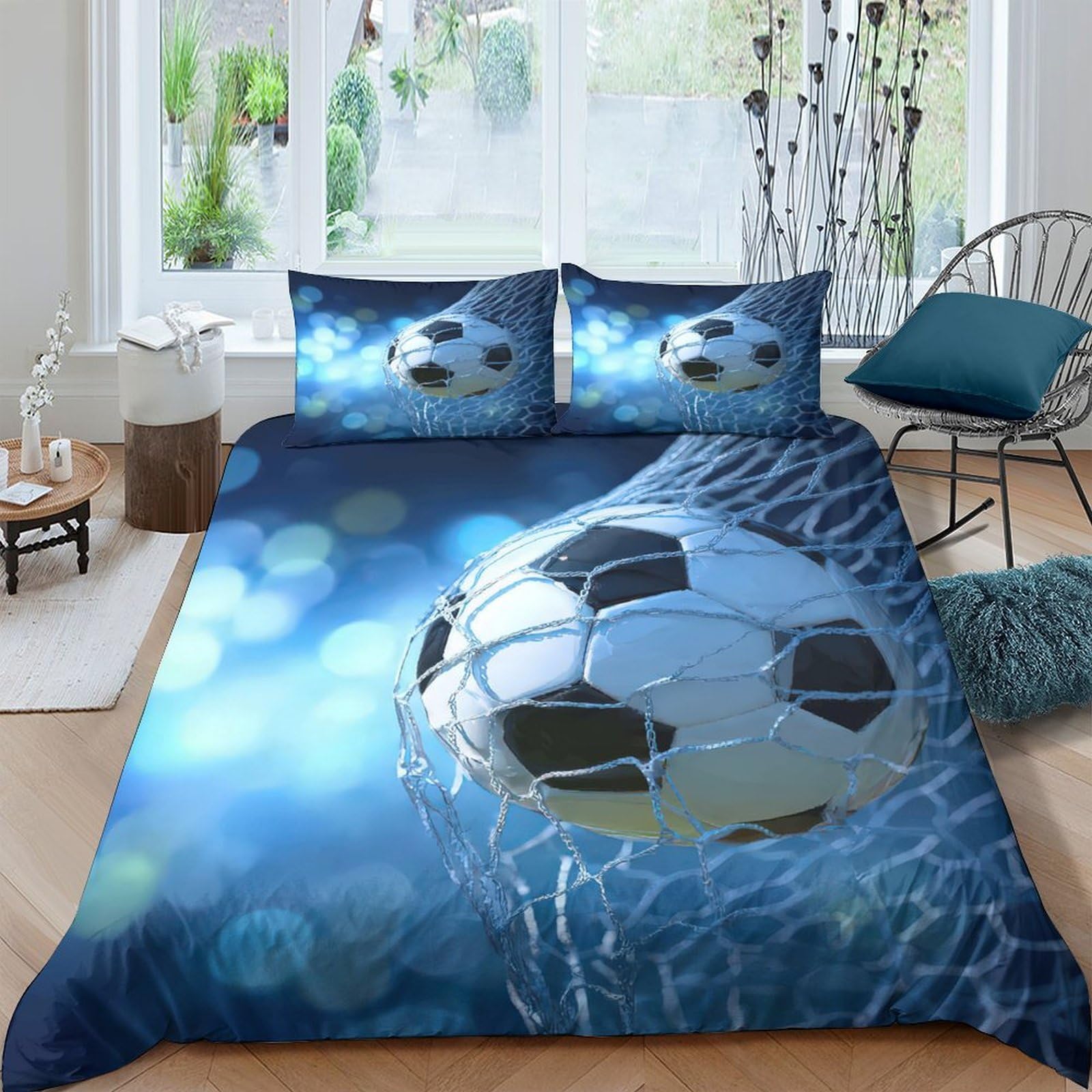 TUFRTGYHN 3D Printed Football Goal Duvet Cover Microfiber Blue Bedding Set with 2 Pillowcases for Bedroom Decor Gift Single（135x200cm）