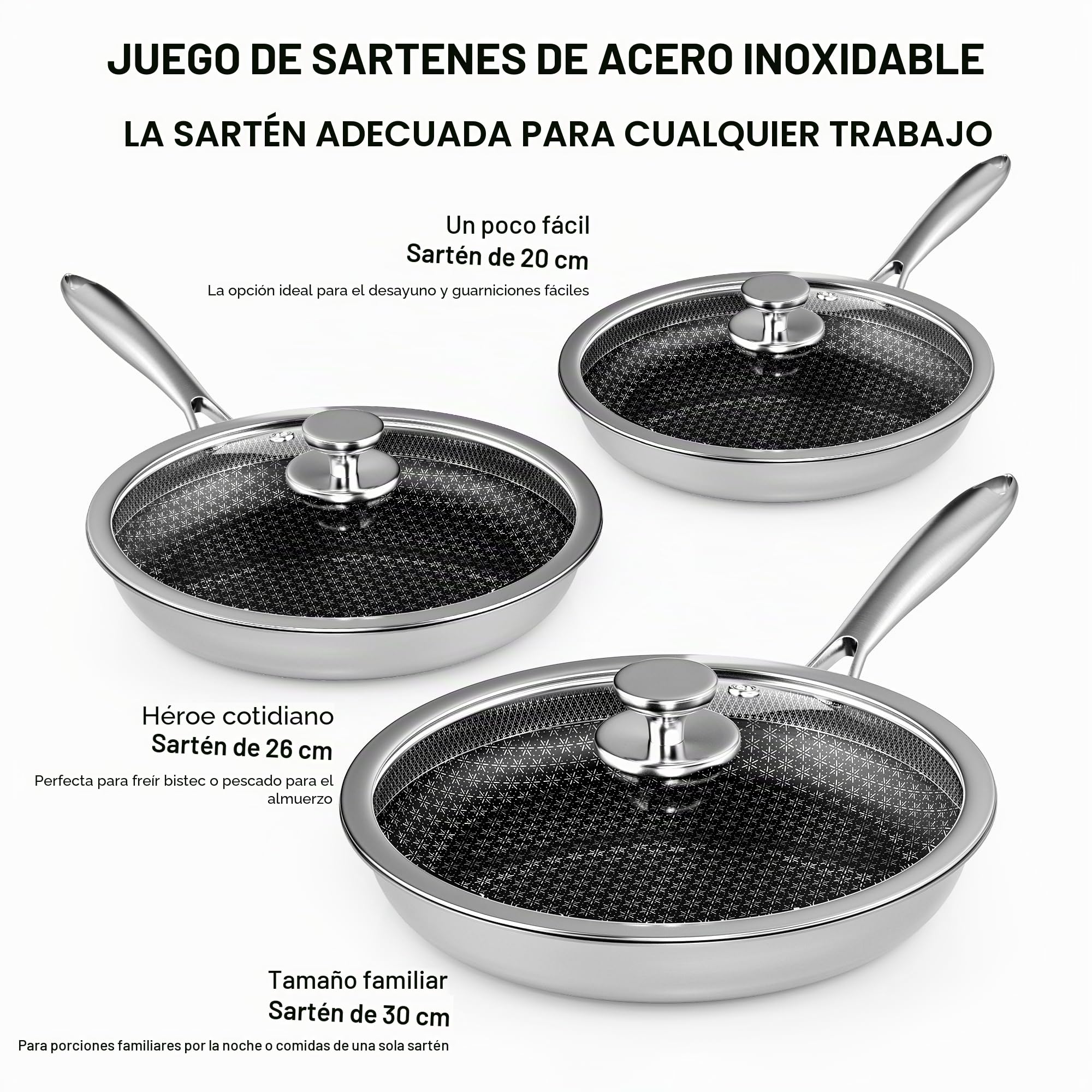 RIOVARM Acero Inoxidable Juego de sartenes con tapas Inducción Sartenes para freír Antiadherente Batería de cocina 20cm 26cm 30cm Sartén Wok Apta para lavavajillas Apta para Horno Sartén para tortilla