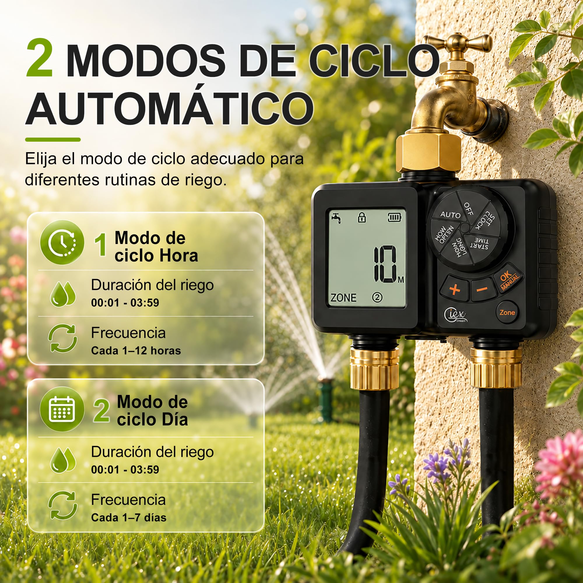GIEX - Ordenador de riego de 2 vías, temporizador de riego recargable, 2 zonas con conexión de latón, temporizador de agua programable con IP66, retardo de lluvia y riego manual para jardín, césped
