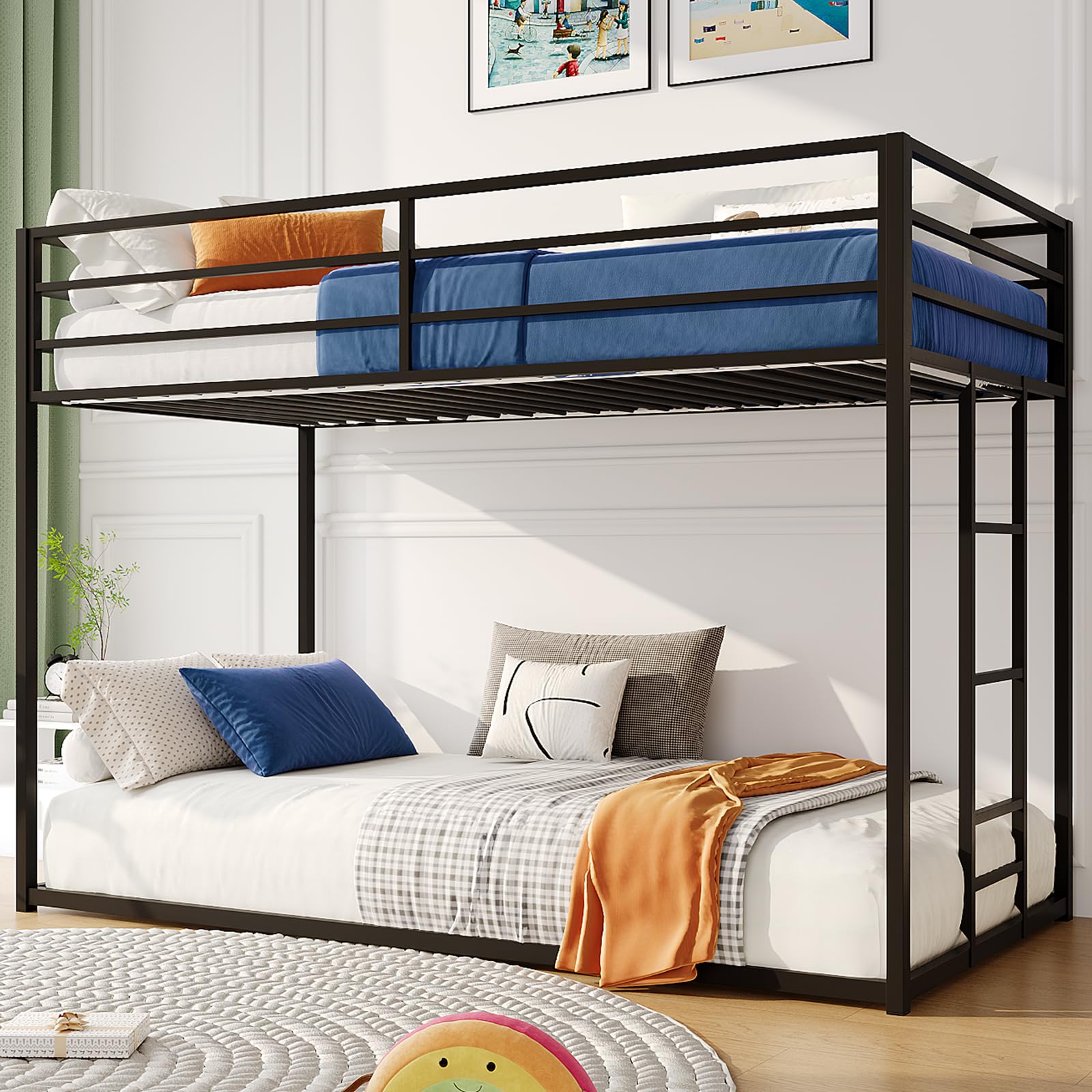 Metal Heavy Duty Sturdy Bunk Bed Frame for Kids Teens Adults Black
| Bunk Bed with Guardrail & Convertible Ladder for D