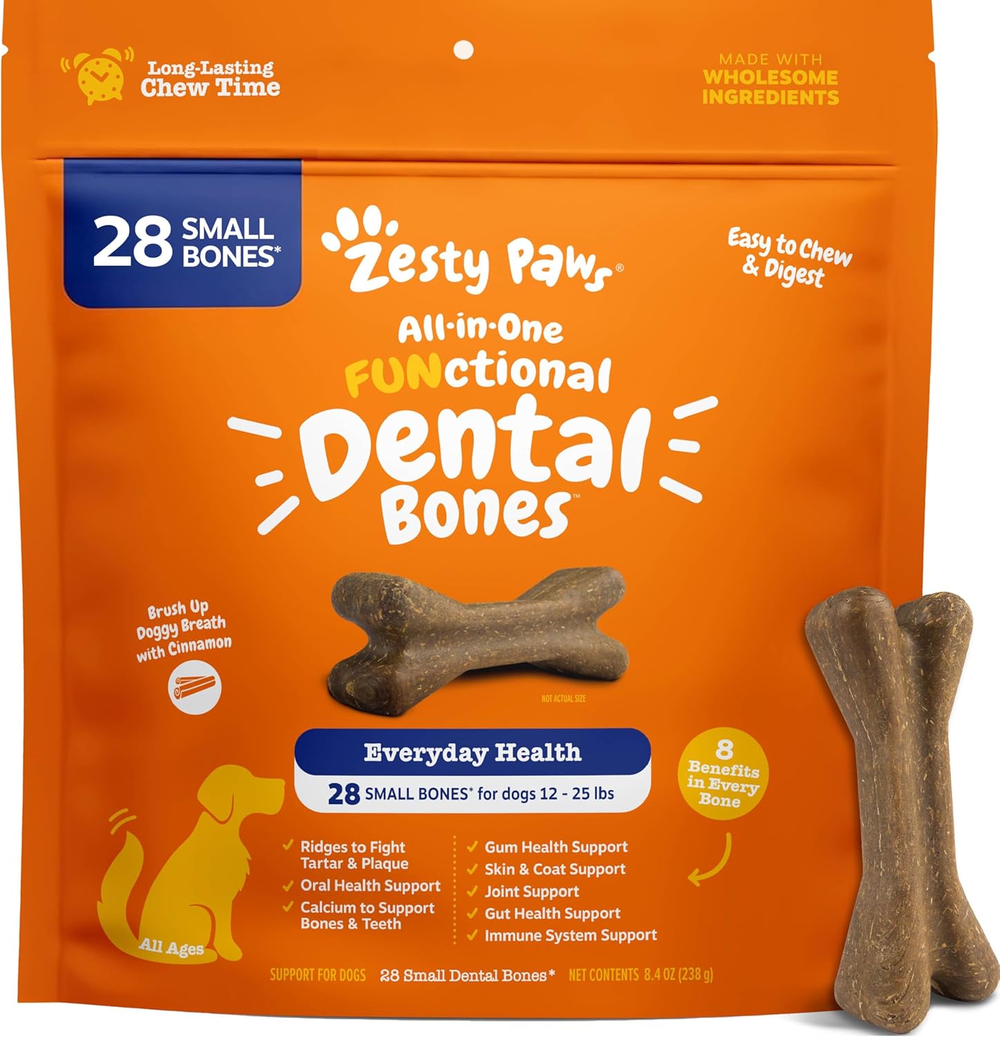 Zesty Paws Dental Bones - Fights Tartar & Plaque - Gum, Teeth & Bone Health - Cinnamon for Dog Breath - Immune, Joint, Gut, Skin & Coat Support - Omega 3 EPA & DHA and Calcium - Large Dogs - 24 ct