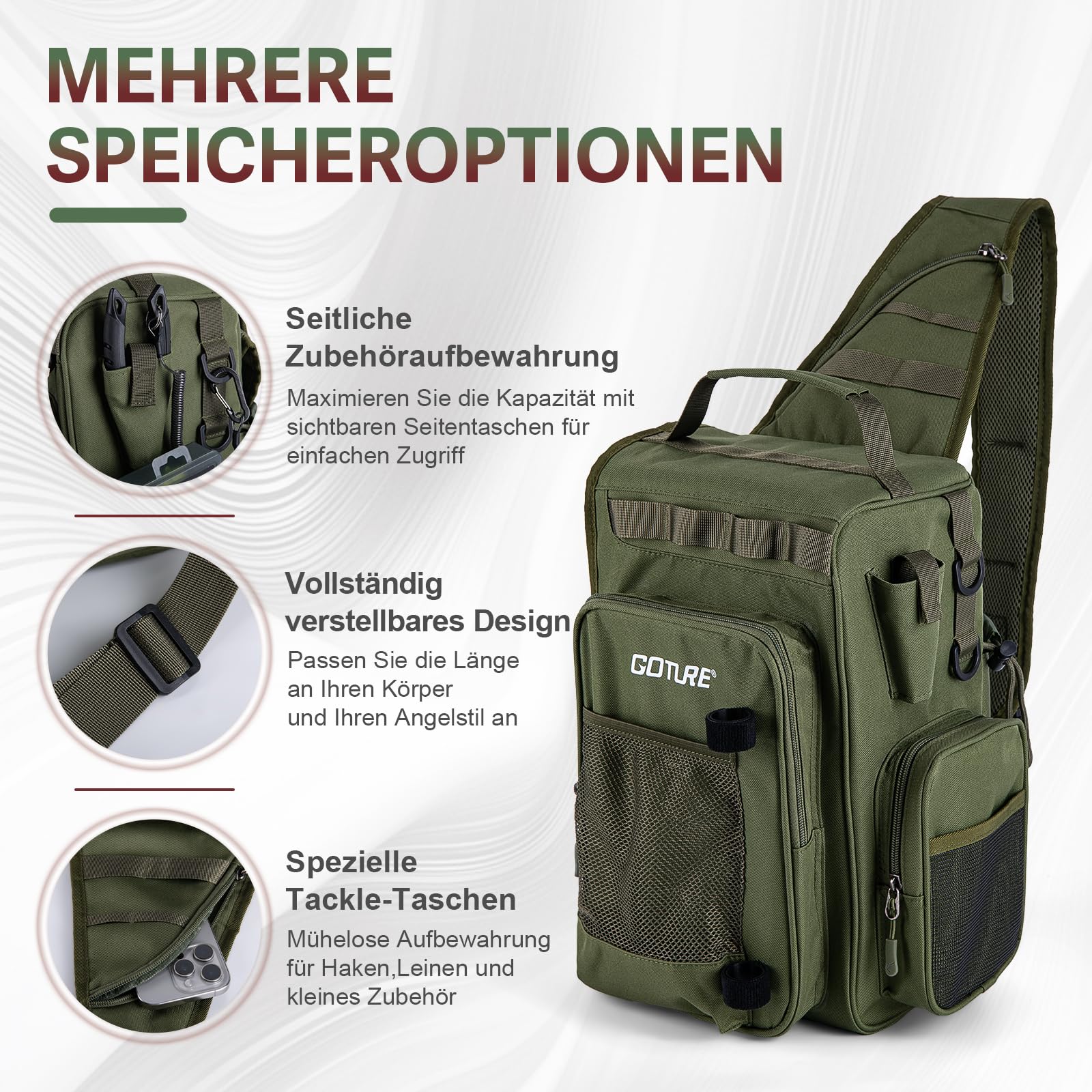 Goture Angeltasche mit 3 Köderboxen, Angelausrüstung, Wasserdicht Crossbody | Aus robustem 900D Oxford, mehrere Taschen, einstellbarer Riemen, geeignet für Wandern, Camping, Reisen