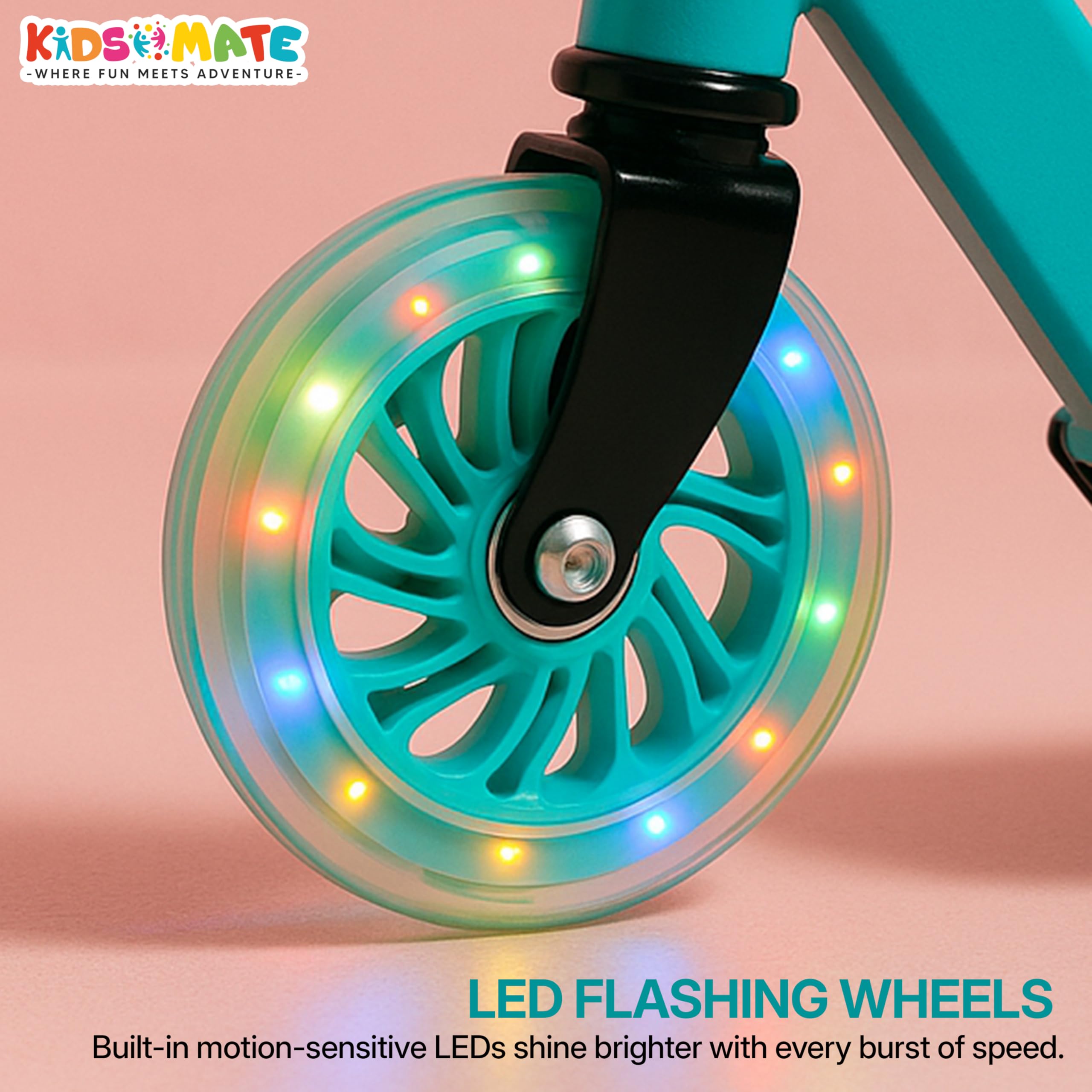 Kidsmate Super Metal Kick Scooter with LED Flashing Wheels | Fun Ride with 4 Level Height Adjustable & Anti-Slip Deck | Easy to Fold & Lightweight Kids Scooter for Boys & Girls 3+ Yrs - Sea Green 2