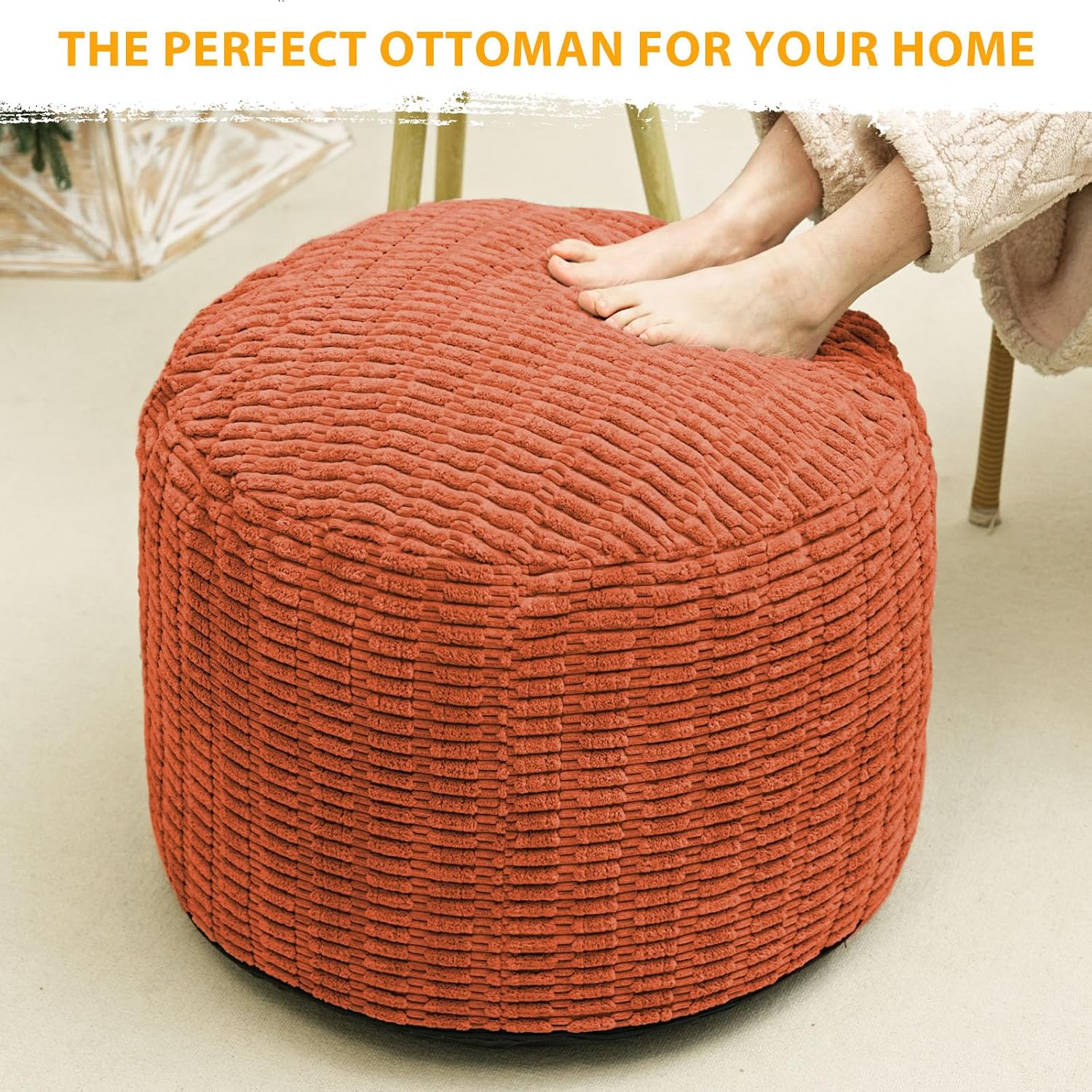 Round Stuffed Pouf Ottoman for Foot Rest, Storage Ottoman Pouf Foot Stool Cushion, Faux Fur Poufs with Foam Chunk Filling, 26 X 18 Inch Floor Chair for Living Room Bedroom Home Decor, Coral Orange