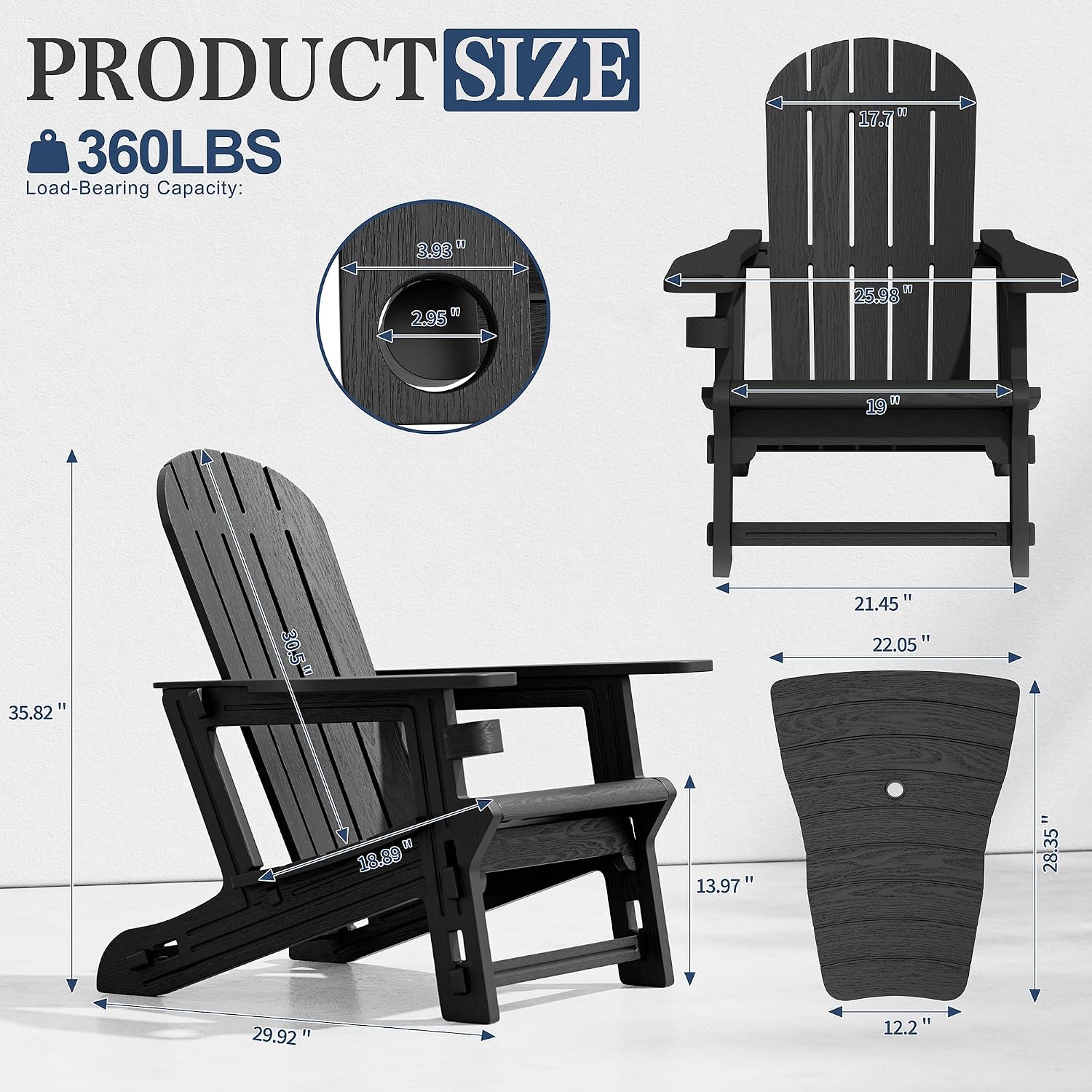 Vongrasig Adirondack Chairs Set of 2 with Removable Tabletop, Outdoor HDPE Plastic Fire Pit Chair Set with Wooden Textured, Cup Holder for Patio, Poolside, Deck, Garden, Black, 3 Pieces