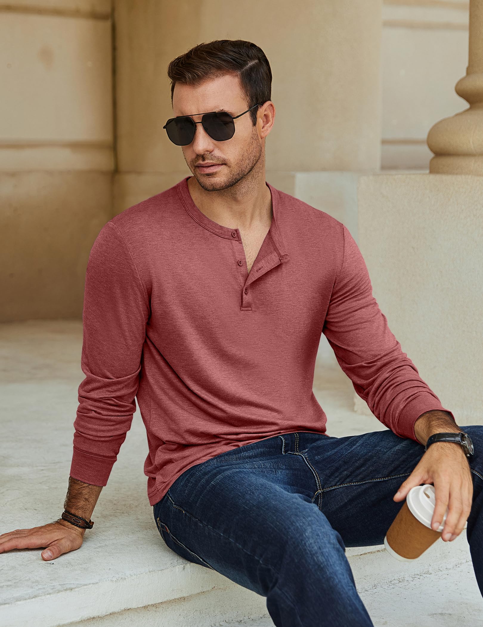 COOFANDY Henley, maglietta da uomo a maniche lunghe, casual, leggera, morbida, elasticizzata, basic