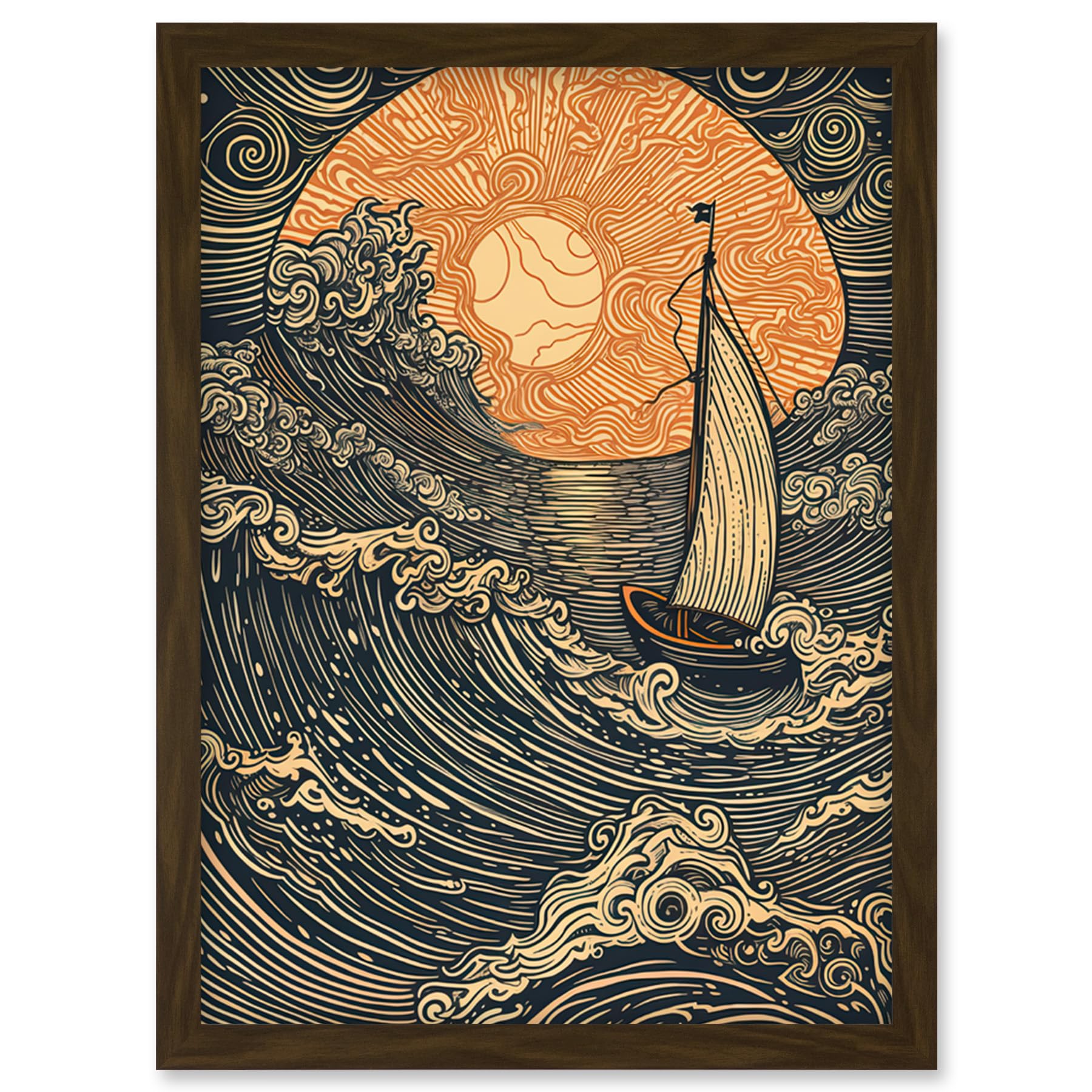 Artery8 Boat Sailing into the Sunset Linocut Illustration Artwork Framed Wall Art Print A4