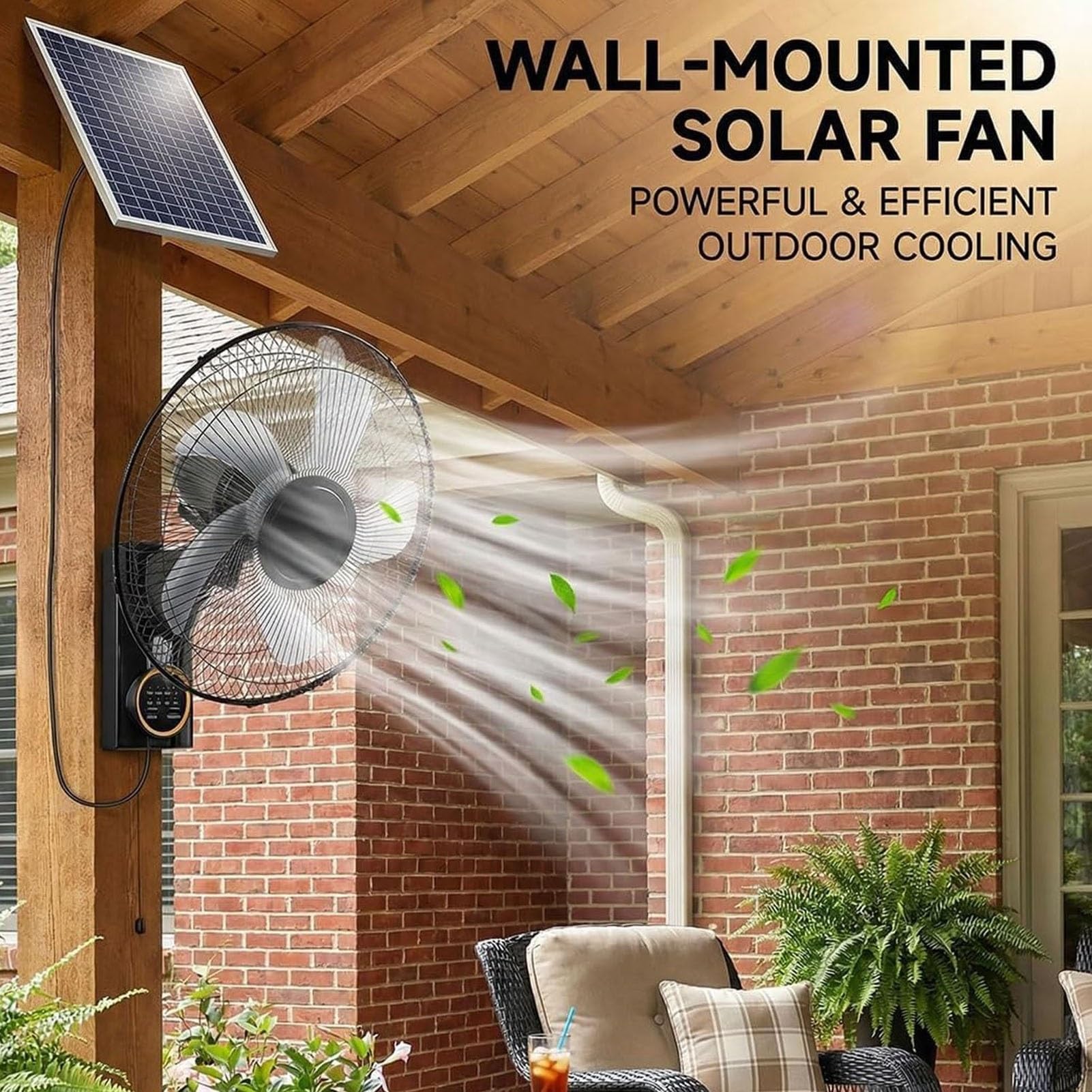 Ventilatore da Parete Energia Solare con 5 Pale Rotanti 40cm per Esterno | Motore Potente E Silenzioso, 3 Velocità, Inclinazione 28° e Oscillazione 90°, Telecomando e Timer, Garage Serra