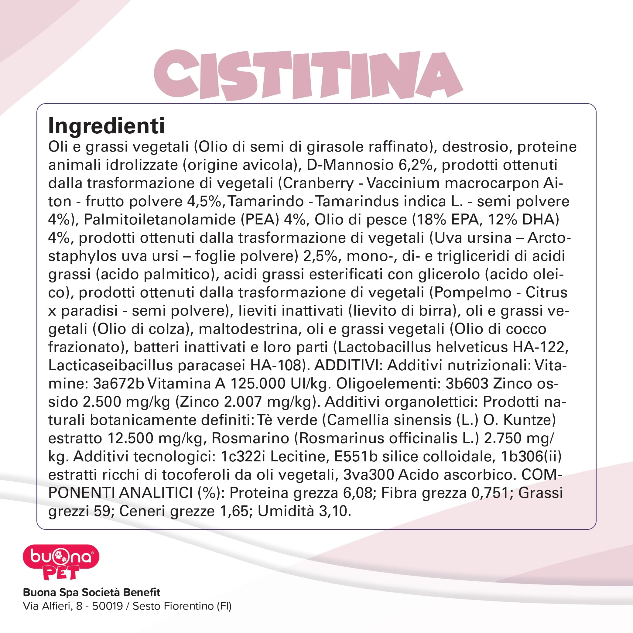 Cistitina Buona Pet 60g Cani e Gatti, Supporta l'Apparato Urinario con D-Mannosio, Cranberry, Tamarindo, Zinco, Semi di pompelmo, Vitamina A, Olio di Pesce, PEA Levagen Plus®, L-teanina, lattobacilli