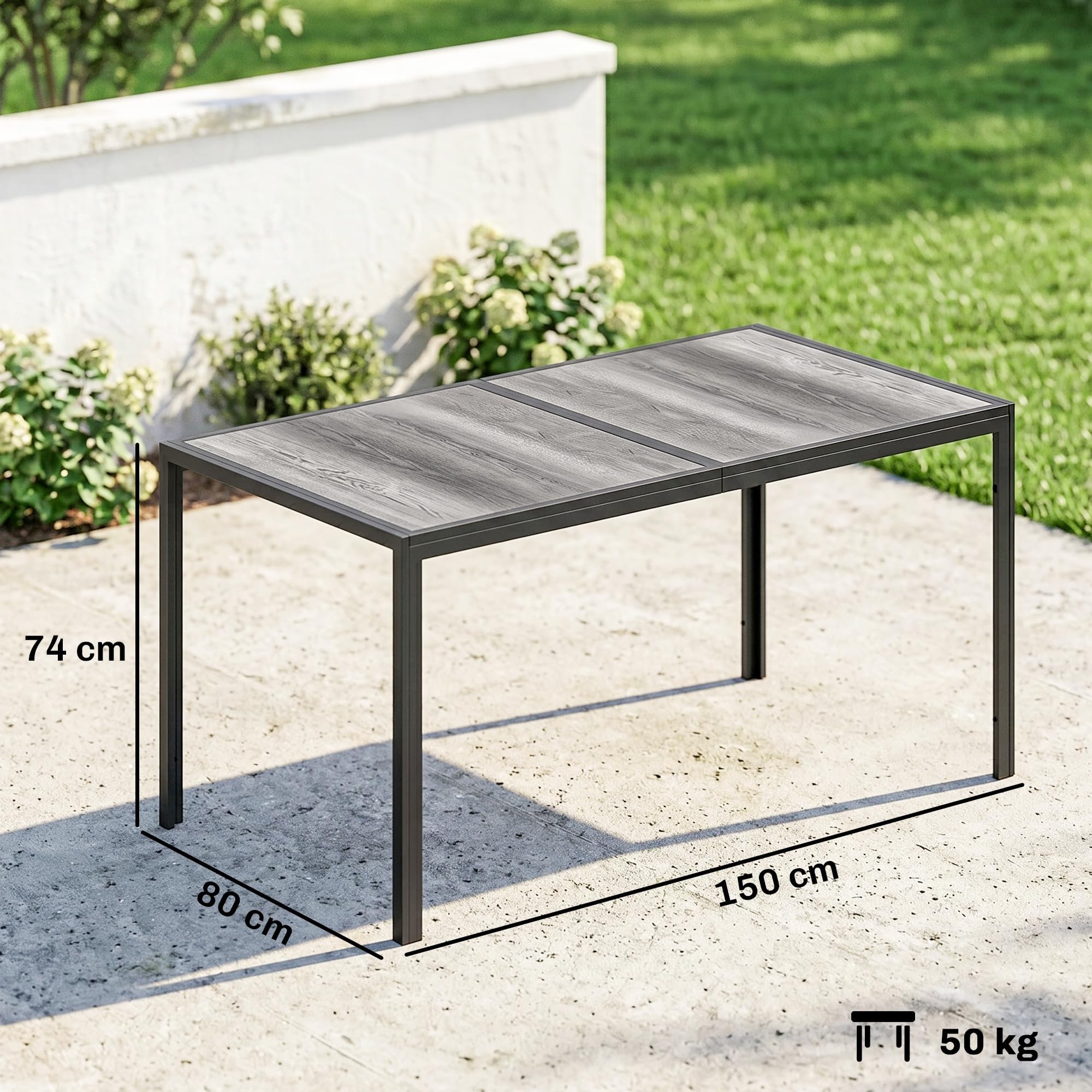 Outsunny Table de Jardin rectangulaire pour 4 à 6 Personnes, Table à Manger extérieure avec Plateau à Effet Bois et Pieds en Acier, pour Balcon, Porche, terrasse, 150 x 80 x 74 cm, Gris