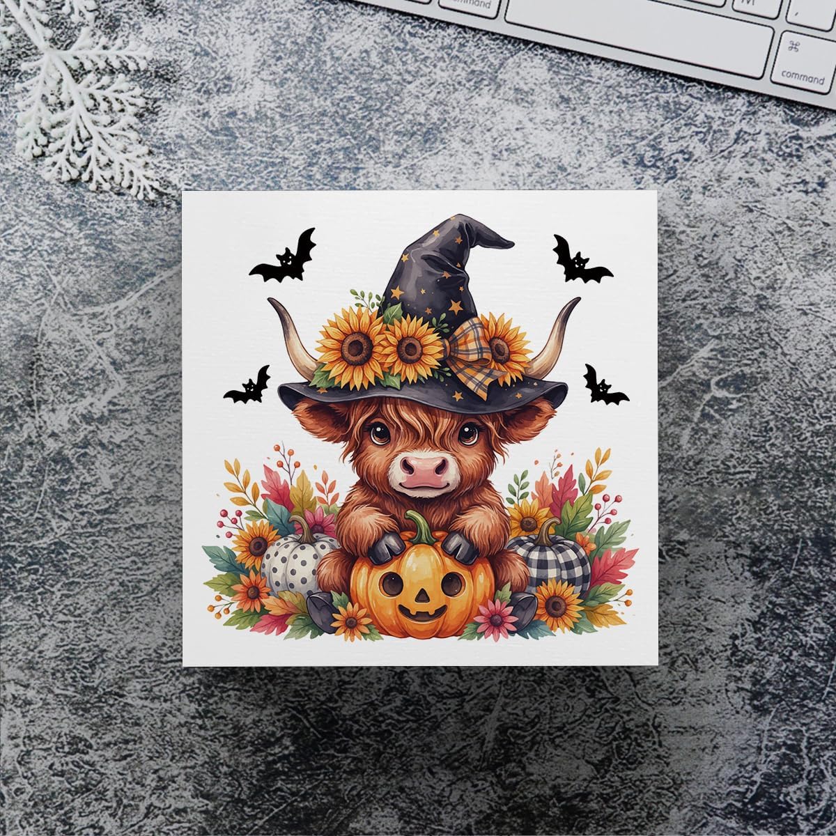 Office Desk Decor Desk Accessories Farmhouse Halloween Decor Wood Plaque, Witch Hat Highland Cow Table Art Fall Decorations for Home, Freestanding 5x5x1.2 image 4