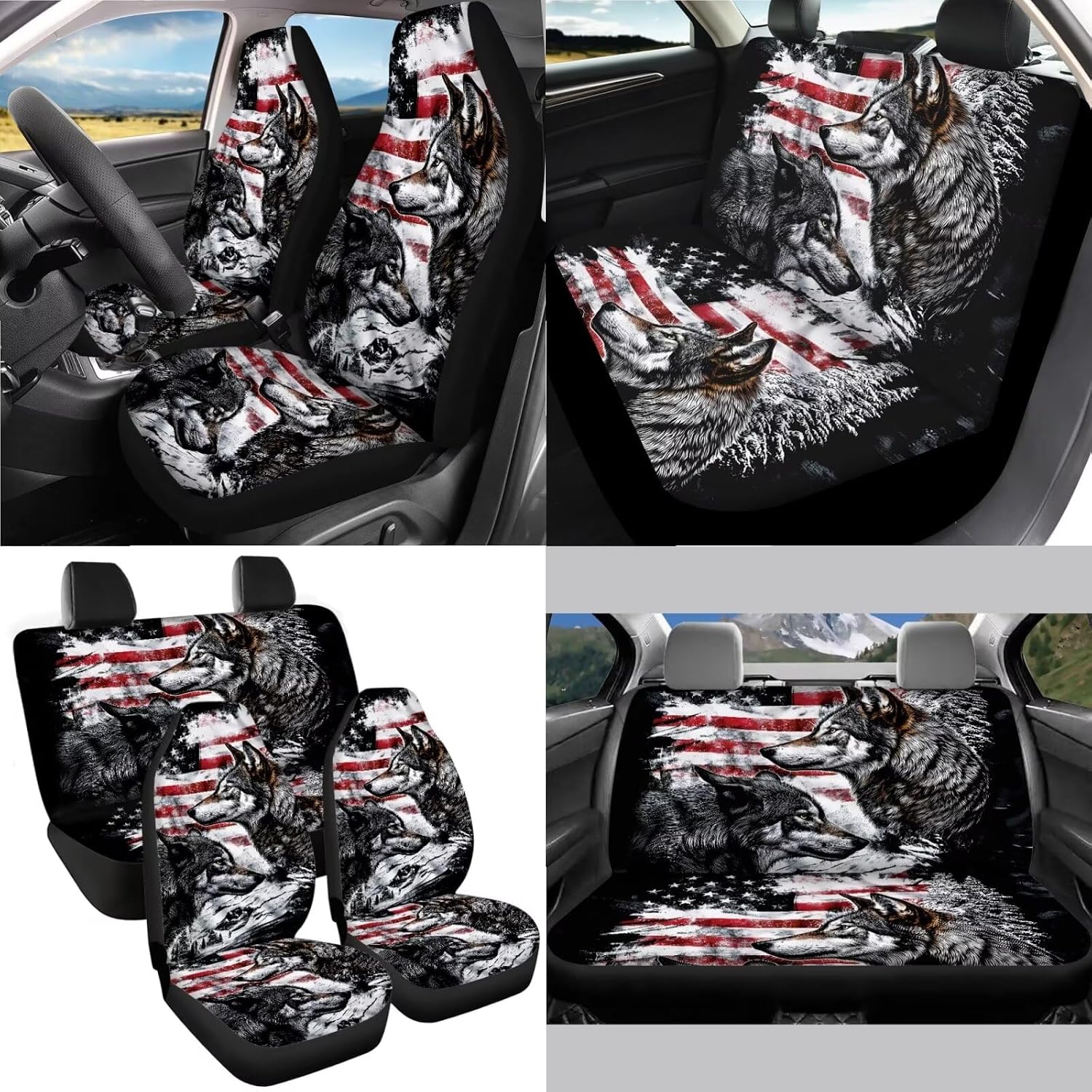 Wolf American Flag Pattern 13 Pieces Car Accessories, Auto Front and Back Seat Covers Full Set, Comfortable Steering Wheel Cover, Seat Belt Protector, Coasters for Car Auto