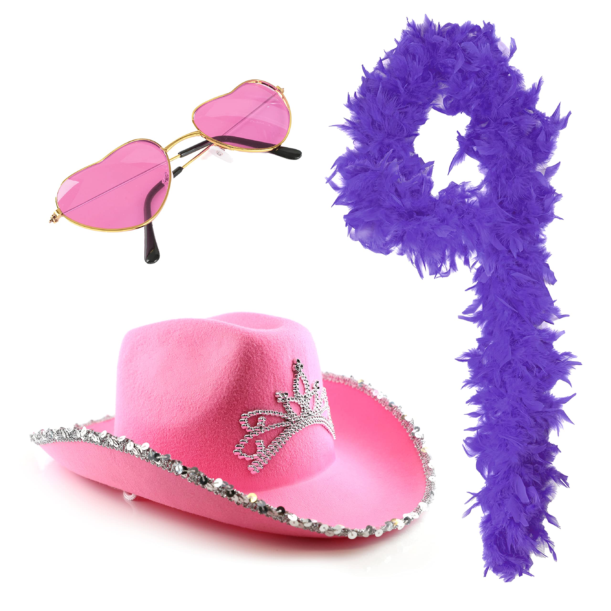 Together Tour Accessory Set - Pink Cowboy Hat with Tiara, 80g Purple Feather Boa, Pink Heart-Shaped Sunglasses - Adults Pop Styles Icon Concert Fancy Dress Costume