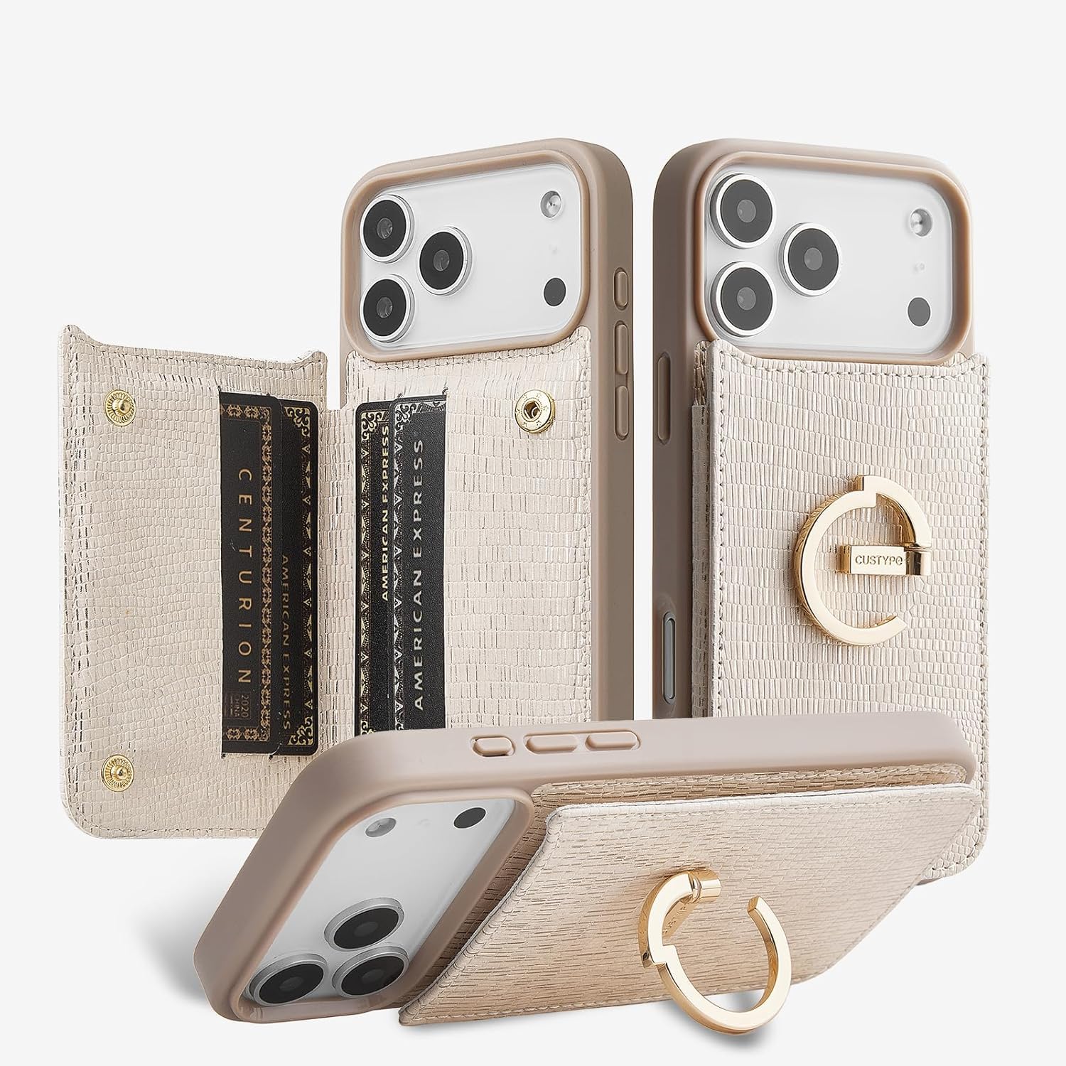 CUSTYPE Custodia a portafoglio per iPhone 2026 (16 cm) Porta carte e | 4 slot per carte di credito, impugnatura ad anello, doppia chiusura a scatto, custodia protettiva in pelle PU per donne e