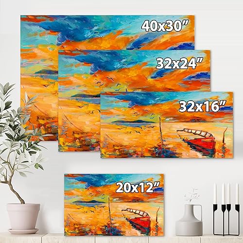 Miniatura 4 de Lienzo decorativo náutico y costero con diseño náutico y costero de barco durante la noche, 32 x 24 pulgadas, color naranja