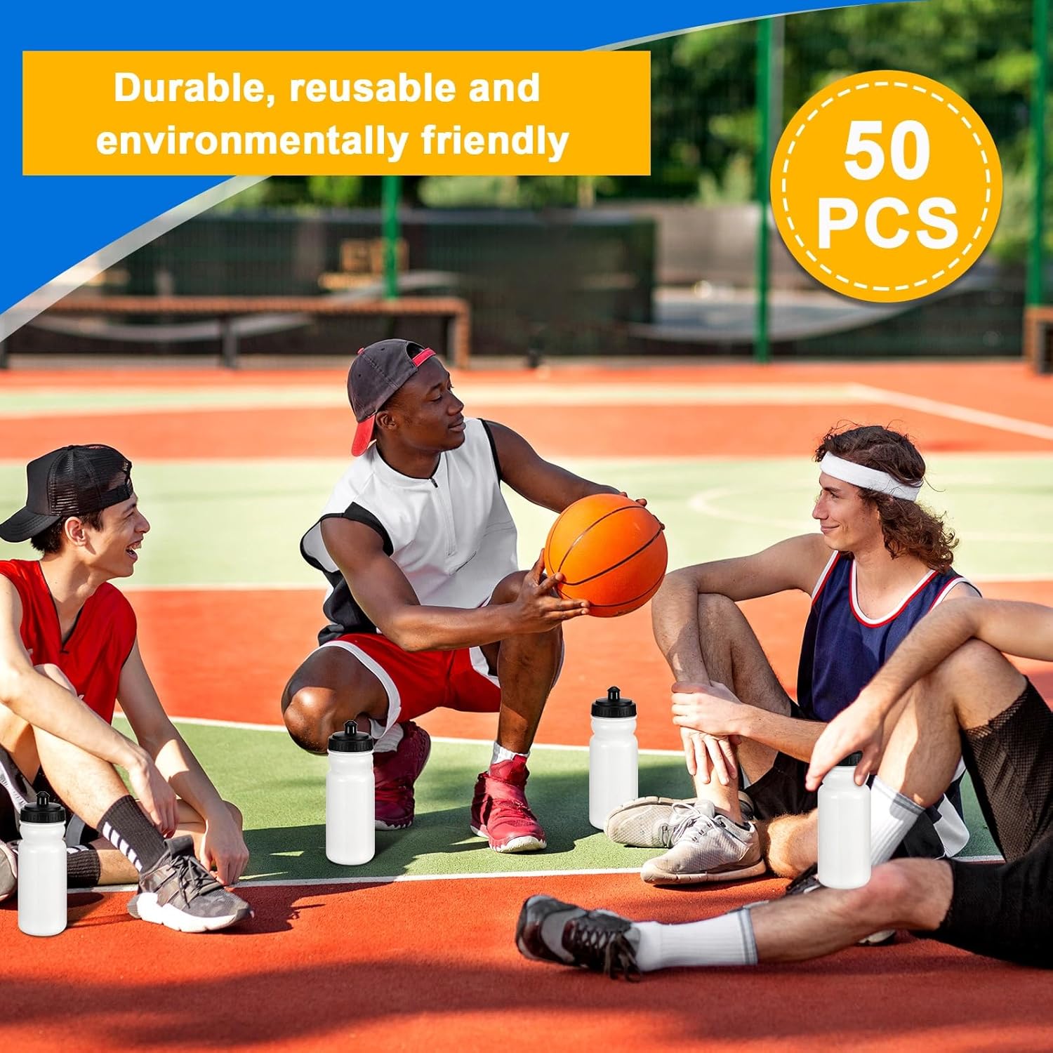 50 Pieces Sports Water Bottles 20 oz Water Bottles Squeeze in Bulk Reusable Plastic Water Bottles BPA Free Blank Water Bottles for Major Sporting Events Adults