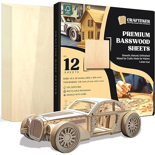 Basswood Plywood Sheets 12x12 in, 3mm (1/8 inch), 12 Pack - Laser-Ready Unfinished Craft Wood for Glowforge, xTool, Laser Cutting & Engraving - Smooth Both Sides, Warp-Resistant, FSC-Certified