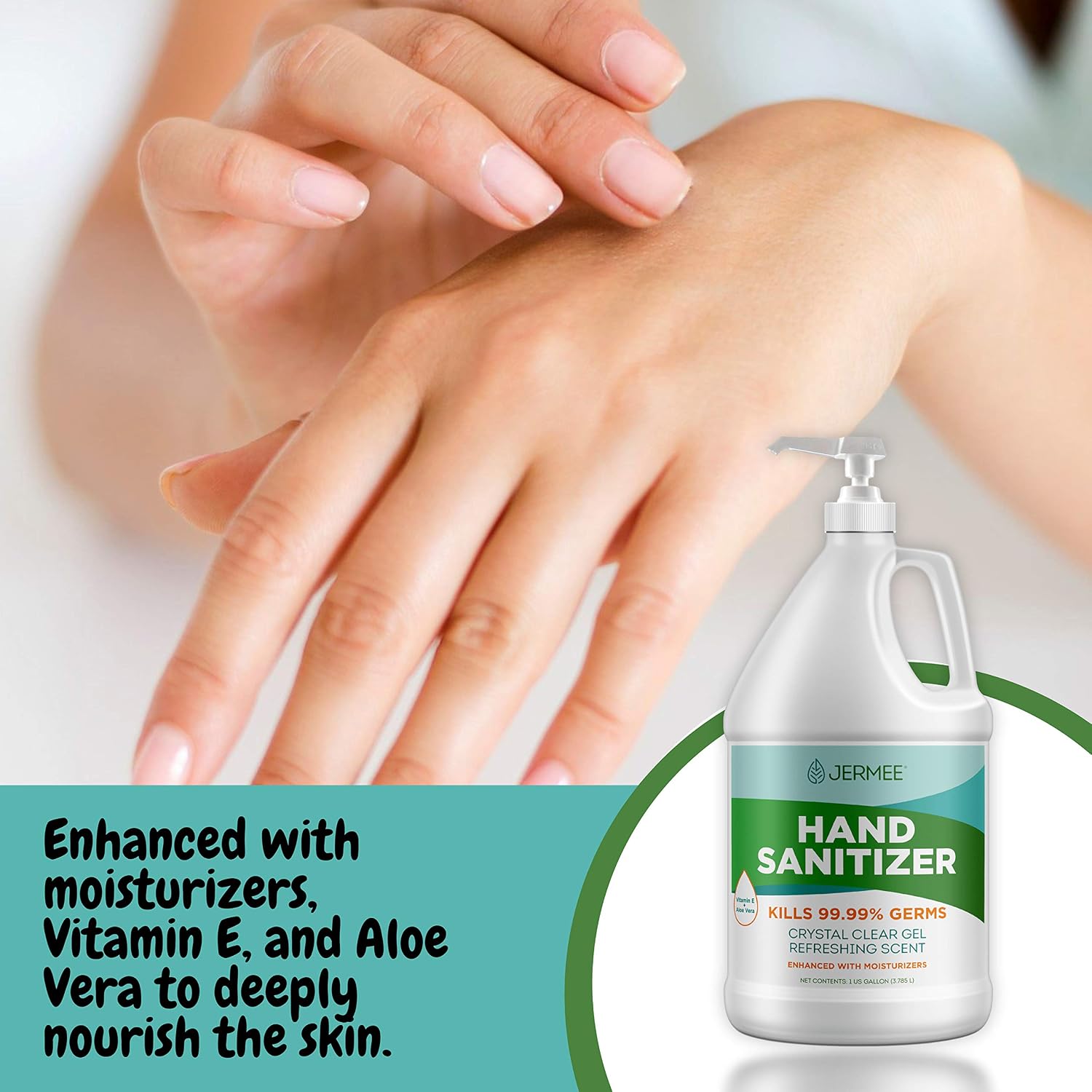 JERMEE Moisturizing Hand Sanitizer Gel, 70% Alcohol - Kills 99.99% Germs, Enhanced with Vitamin E and Aloe Vera - Crystal Clear Gel, Refreshing Scent, Made in USA - 1 Gallon with Easy to Use Pump