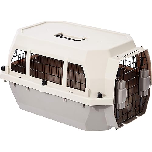 Amazon Basics Hard-Sided Dog and Cat Kennel Single-Door Travel Pet Carrier with Metal Wire Ventilation, 23.6" L x 15.7" W x 13.0" H, Beige