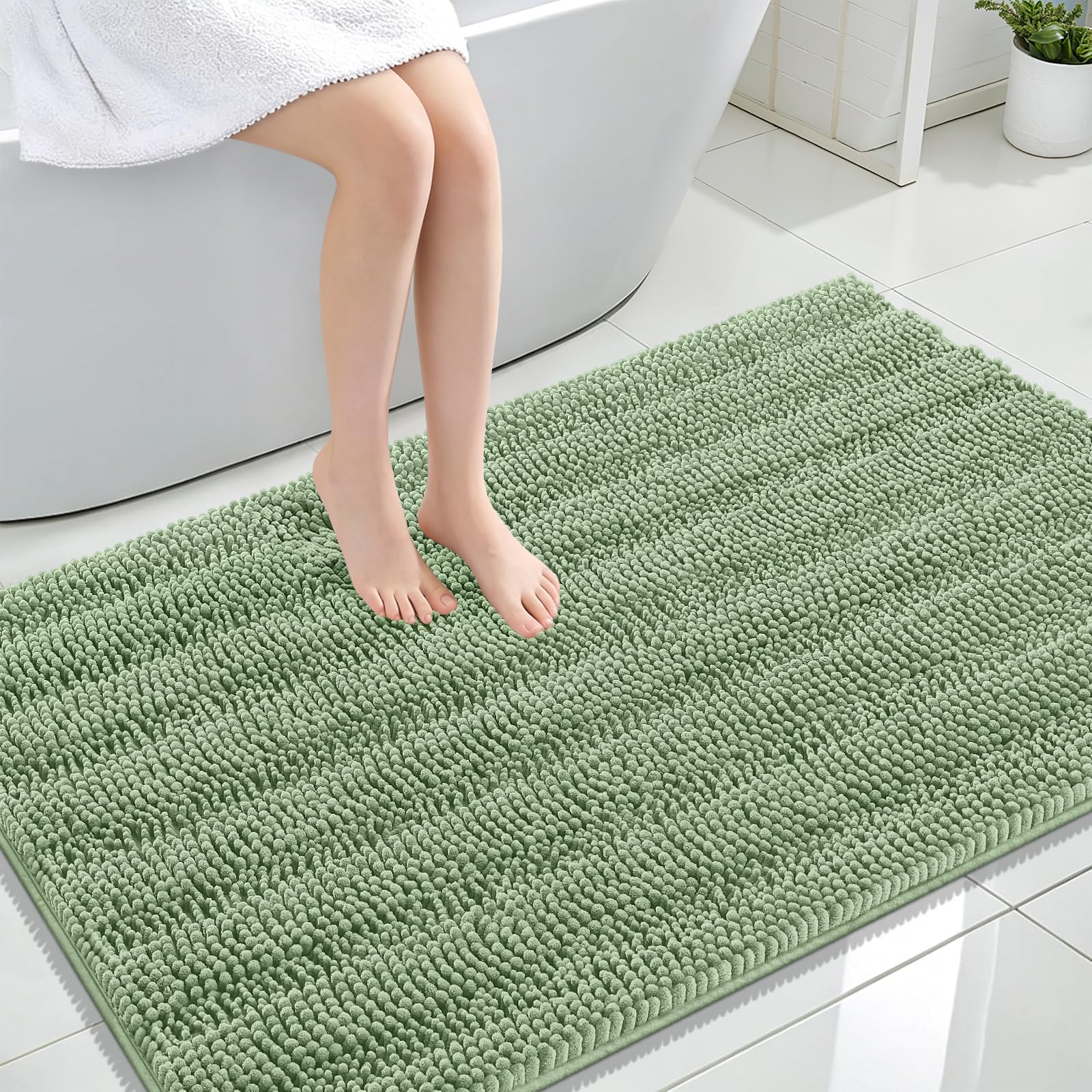 OLANLY Thick Large Bathroom Rugs 47x32, Chenille Bath Rugs, Sage Green