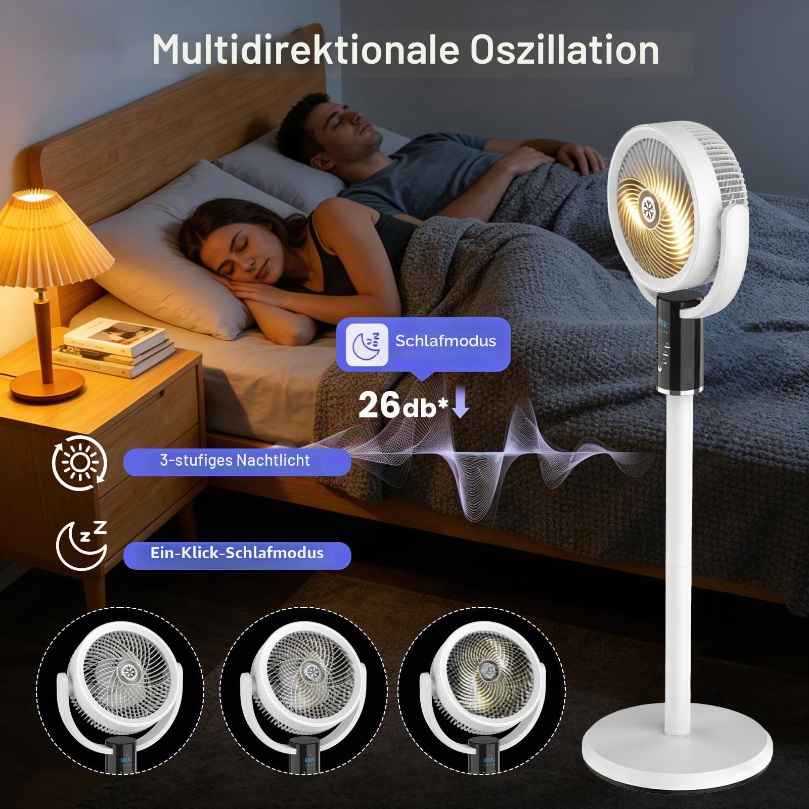 WIWOLER Leiser Standventilator mit Fernbedienung, 3 Höhenverstellbarer Säulenventilator, 8 Geschwindigkeiten, 80° Oszillation, 8H Timer, LED-Display, 3-Stufen Nachtlicht, Für Schlafzimmer, Büro