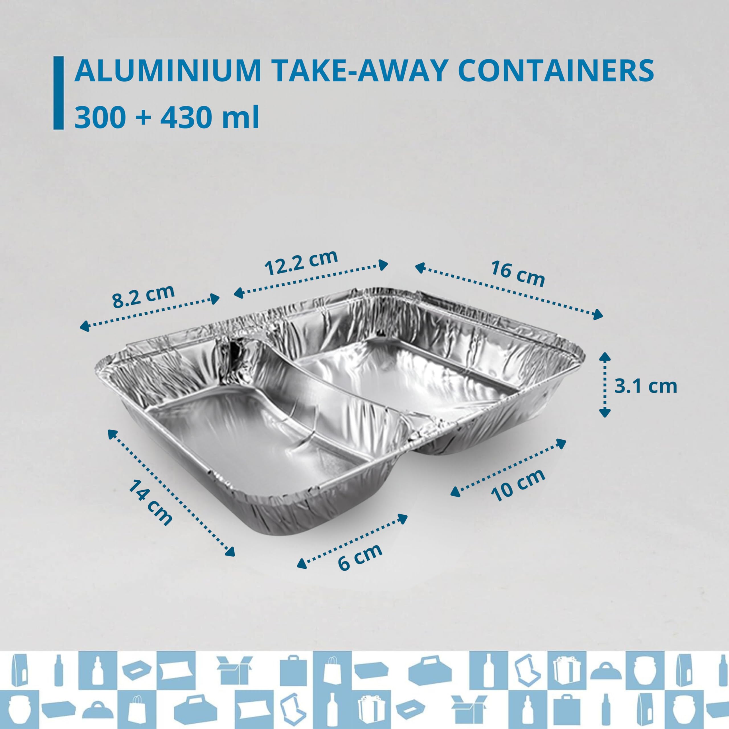 Set di 100 vassoi in alluminio con coperchio alimentare usa e getta, 300 ml+430 ml, confezione per alimenti perfetta per barbecue, trasporto di cibo, cucina o congelamento