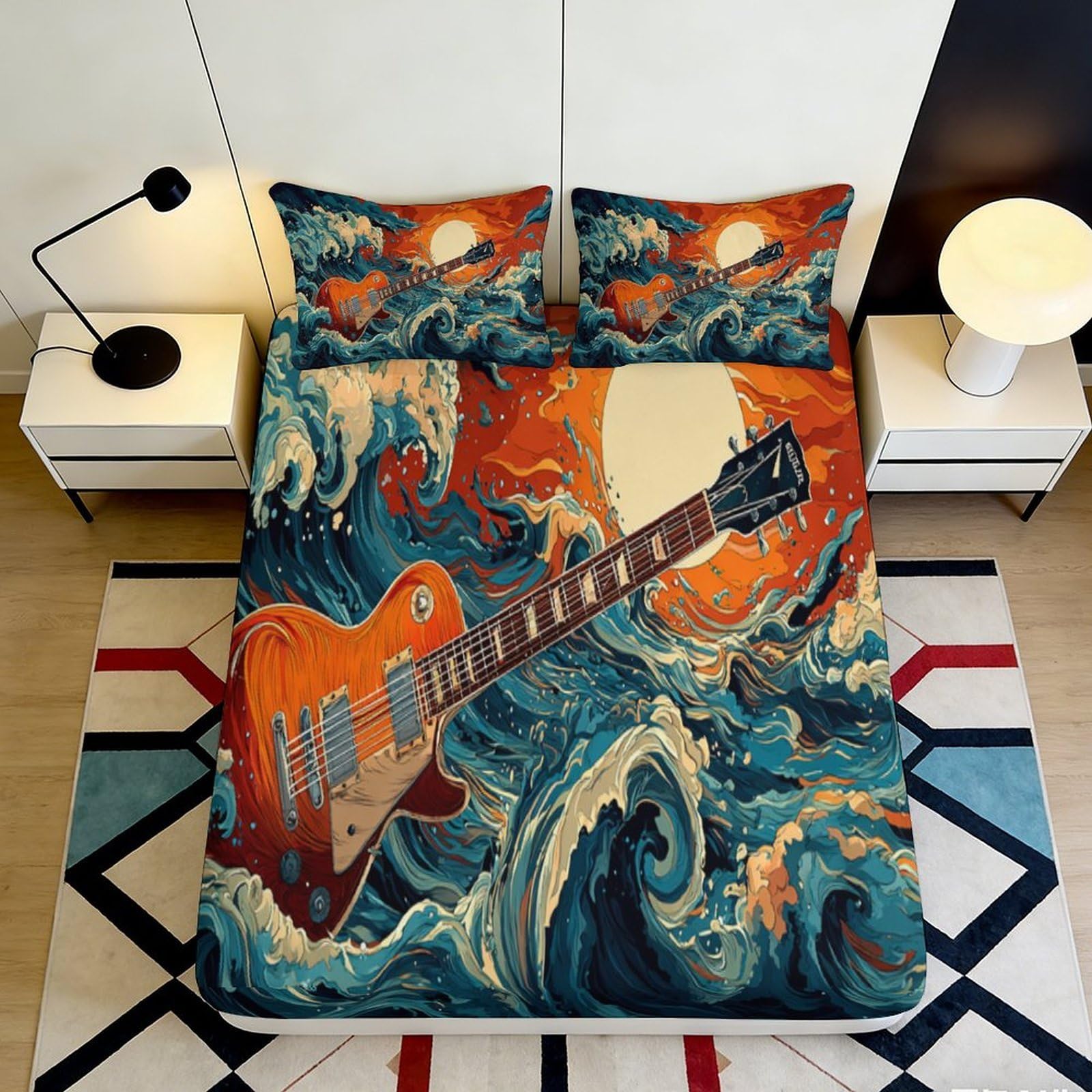 3D Printed Guitar Wave Fitted Sheet Microfiber Deep Pocket Bedding Non-Slip Bedroom Guitar Wave Mattress Fitted Cover Full Wrap 200x200x25cm