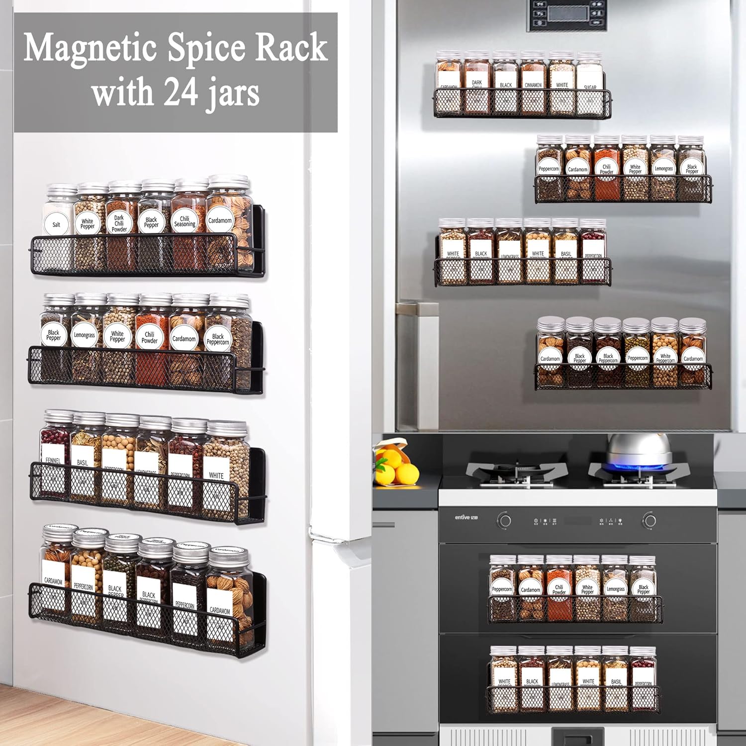 Churboro Magnetic Spice Rack for Refrigerator with Spice Jars- Includes 24 Pcs 4 OZ Seasoning Containers with Labels, 4 Space-Saving Magnetic Shelf for fridge- Perfect for Small Kitchens, Apartments - Image 7