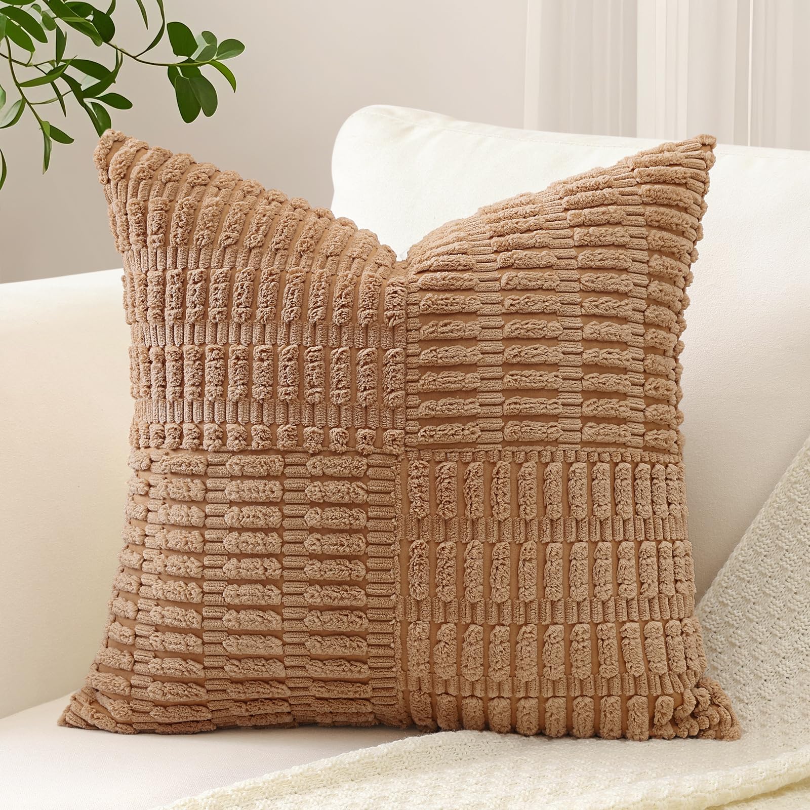 Sungeek Set of 1 Decorative Cushion Cover 45 x 45cm Soft Corduroy Striped Cross Patchwork Textured Pillow Case Boho Farmhouse Square Throw Pillow Cover for Sofa Bed Patio 18x18 Inch, Brown — image 1