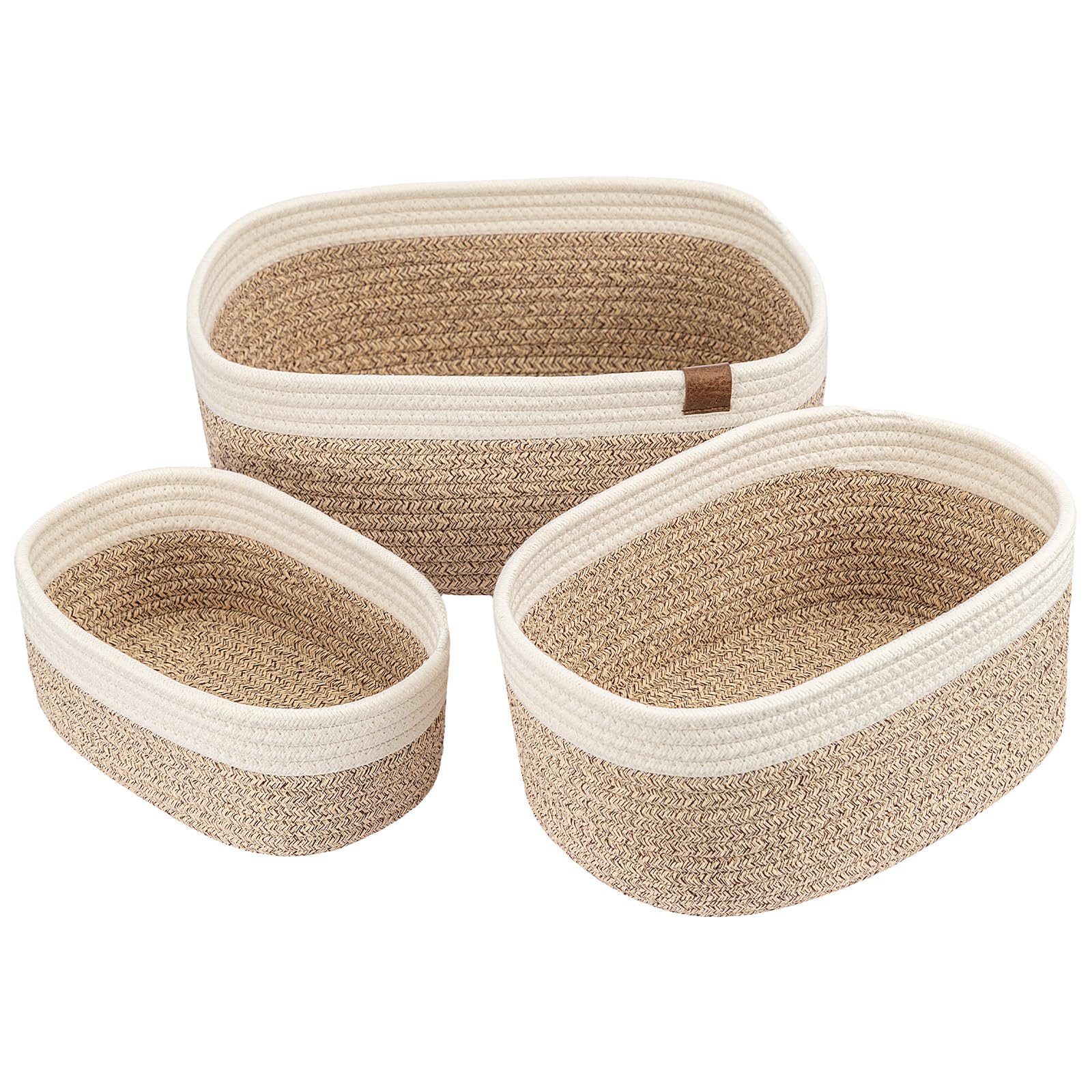 SUNNYNEST Storage Basket 3 Packs Small Woven Rope Baskets 25x22x13.5cm Woven Organizers for Books, Toys, or Decorative Organizer Cube Decorative Box (White+Beige)