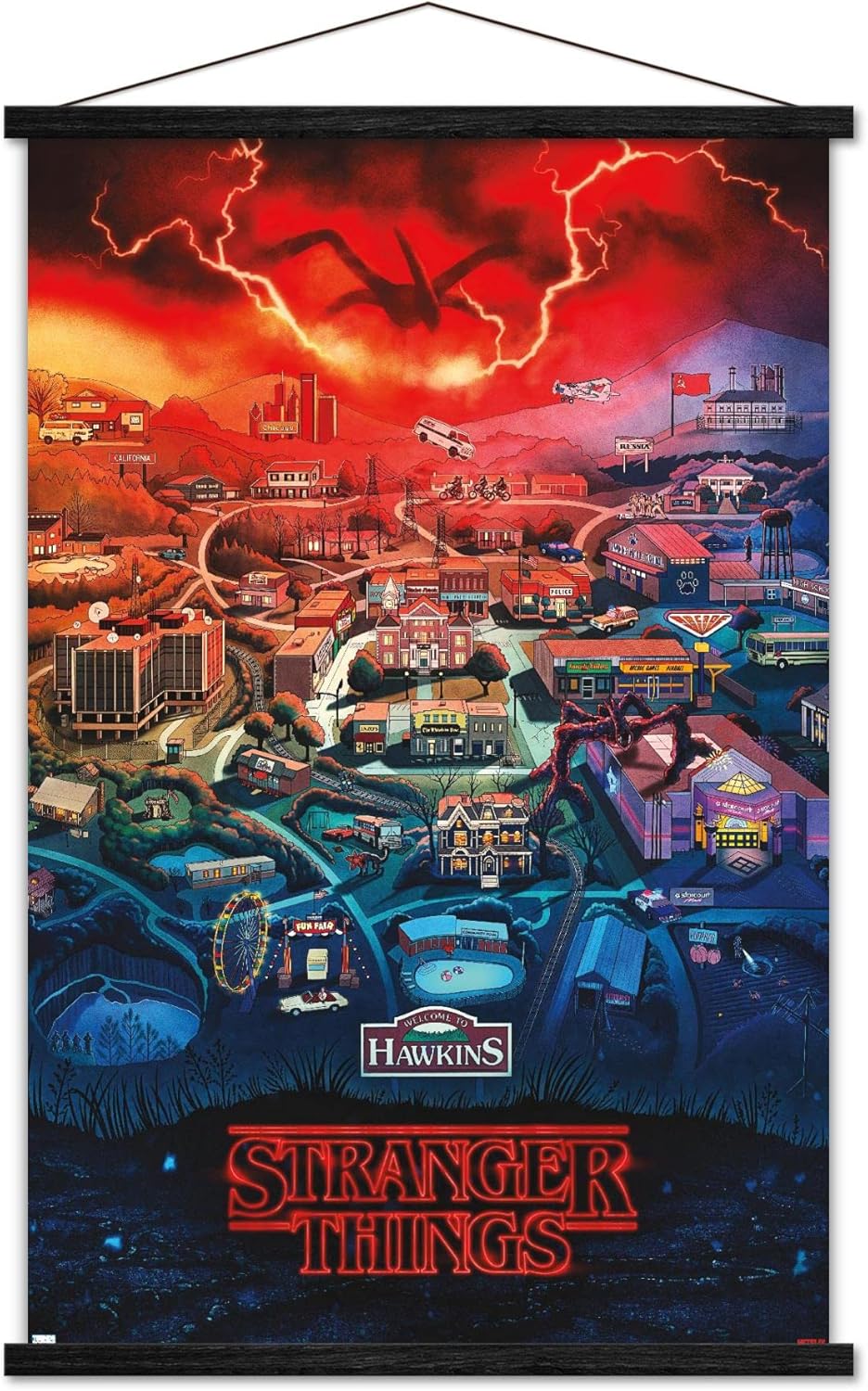 Trends International Netflix Stranger Things: Season 4 - Hawkins, Indiana Wall Poster, 22.375" x 34", Print and Black Hanger Bundle